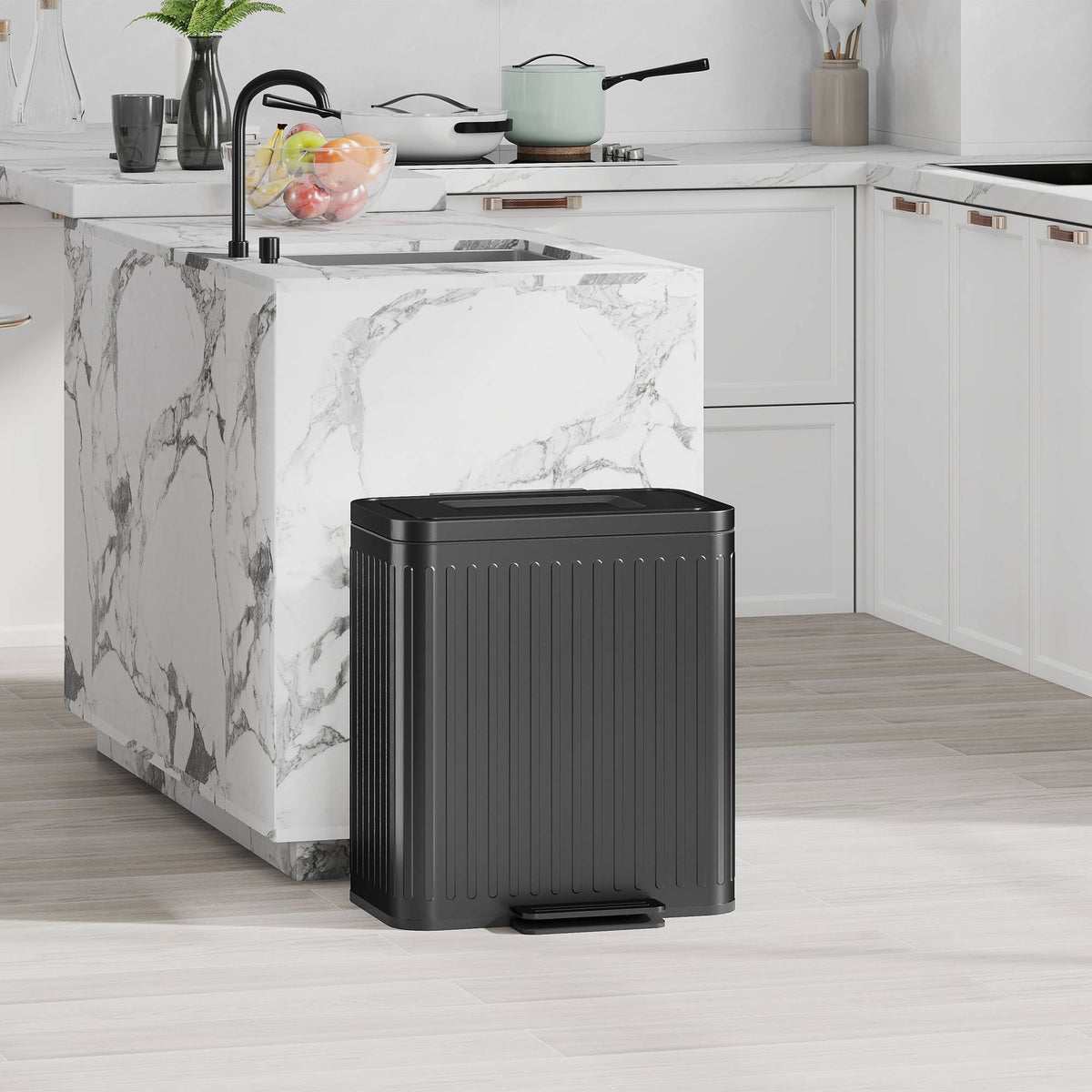 Kitchen Trash Can, 40L Dual Compartment, Pedal-Operated