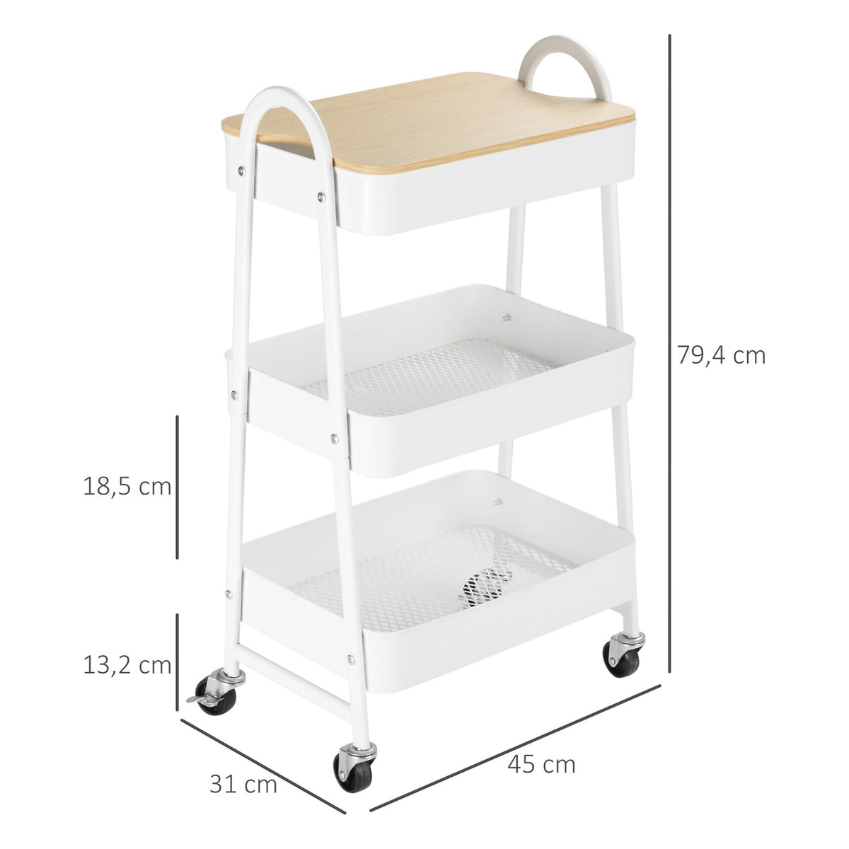 Kitchen Trolley 3-Tier Metal Trolley With Large Storage Space And Lid, For Kitchen And Office, Steel, White, 45X31X79.4Cm