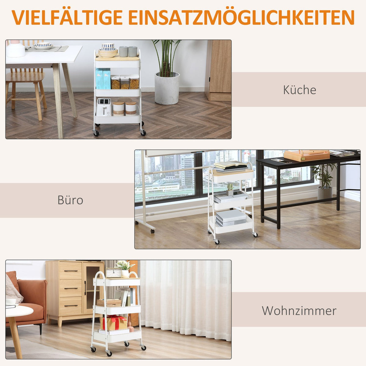 Kitchen Trolley 3-Tier Metal Trolley With Large Storage Space And Lid, For Kitchen And Office, Steel, White, 45X31X79.4Cm