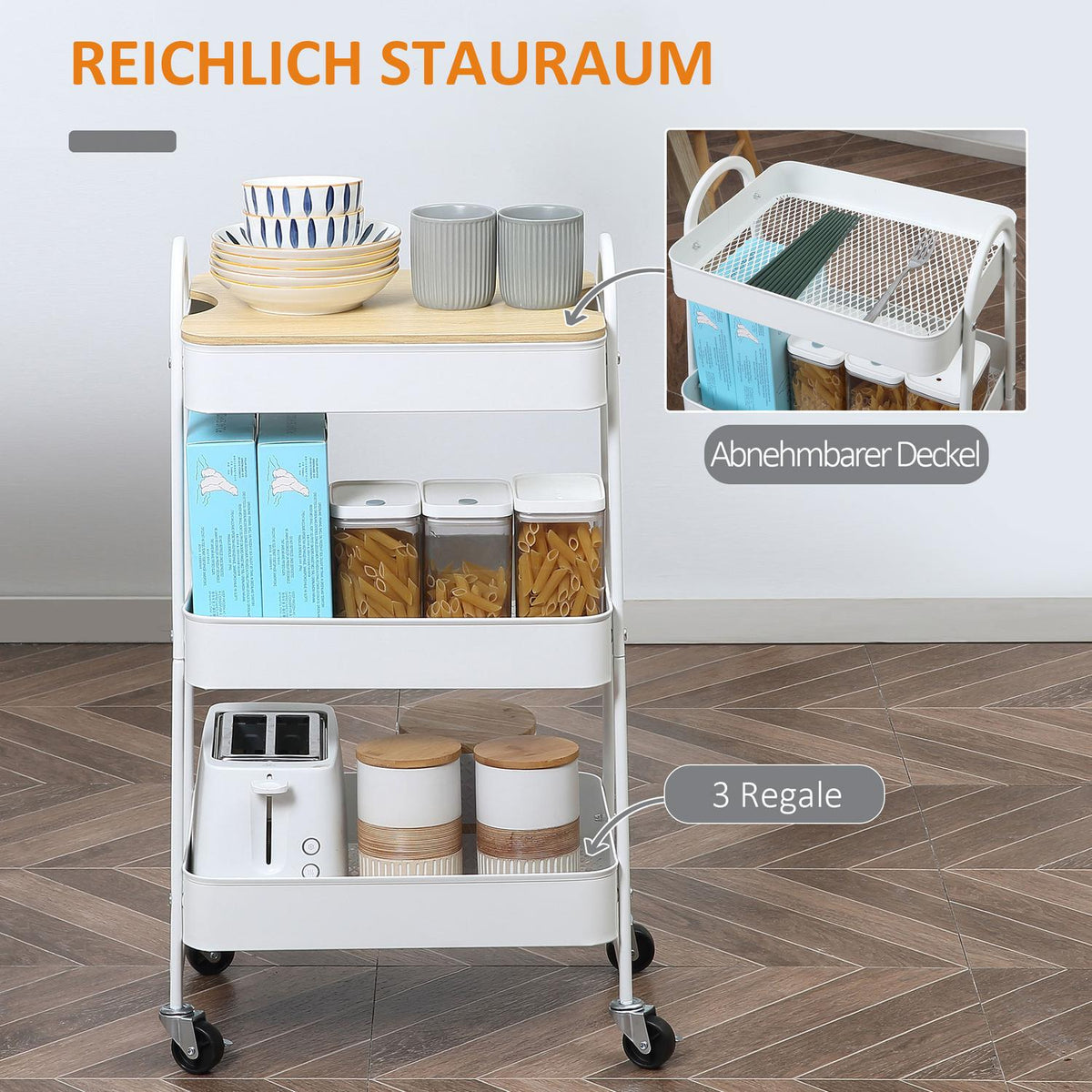 Kitchen Trolley 3-Tier Metal Trolley With Large Storage Space And Lid, For Kitchen And Office, Steel, White, 45X31X79.4Cm