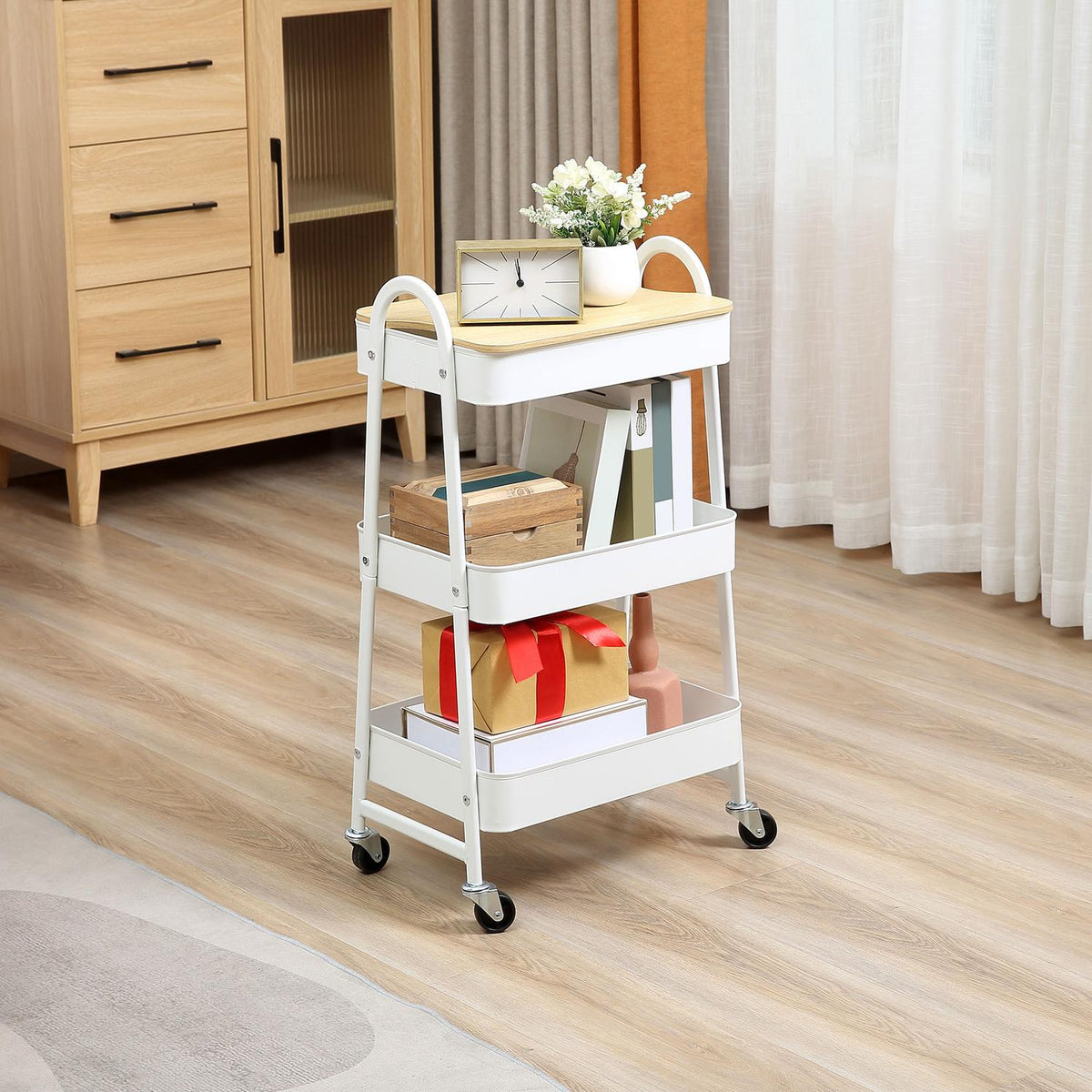 Kitchen Trolley 3-Tier Metal Trolley With Large Storage Space And Lid, For Kitchen And Office, Steel, White, 45X31X79.4Cm