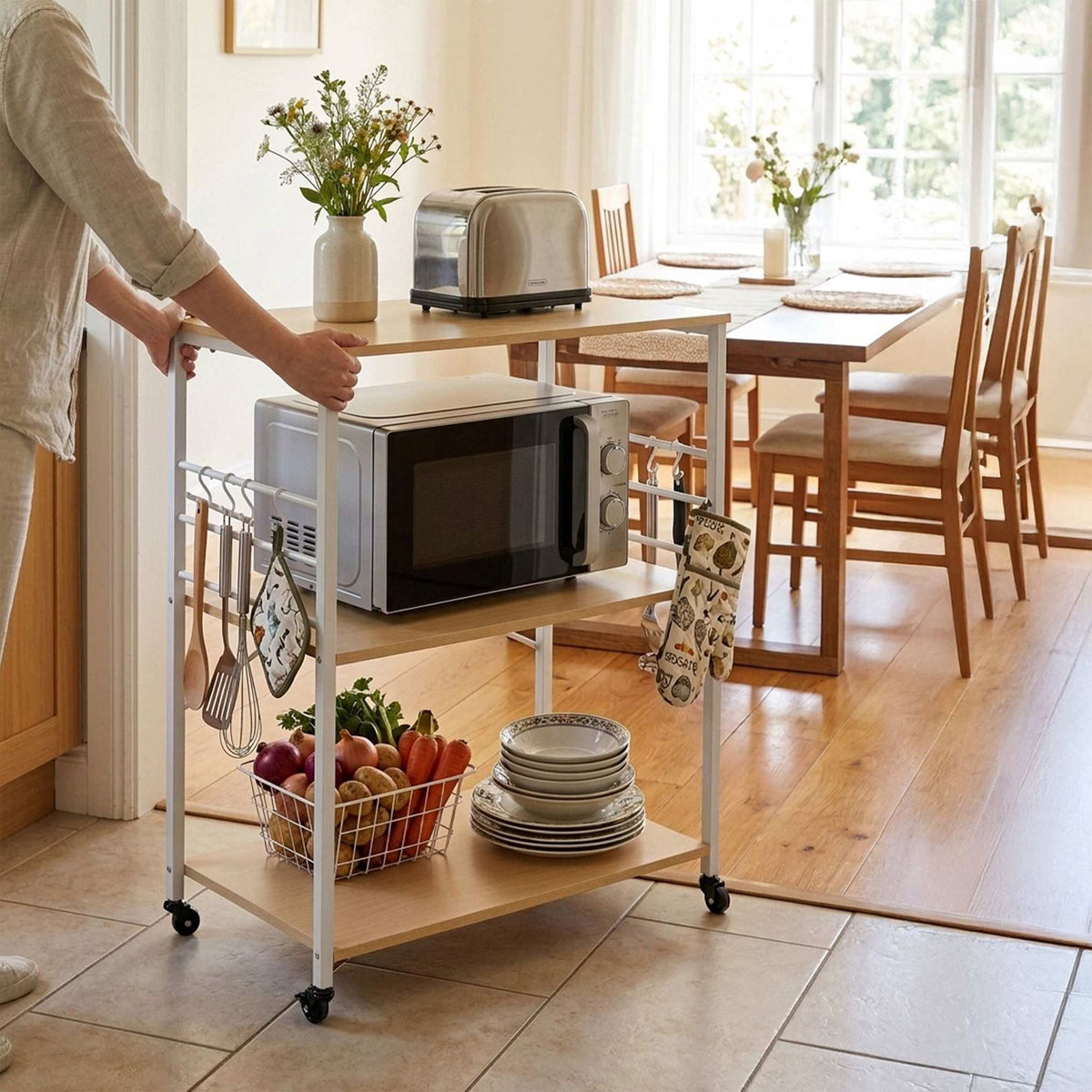 Kitchen Trolley Cart, 3-Tier Shelves, Wheels and 6 S-Hooks