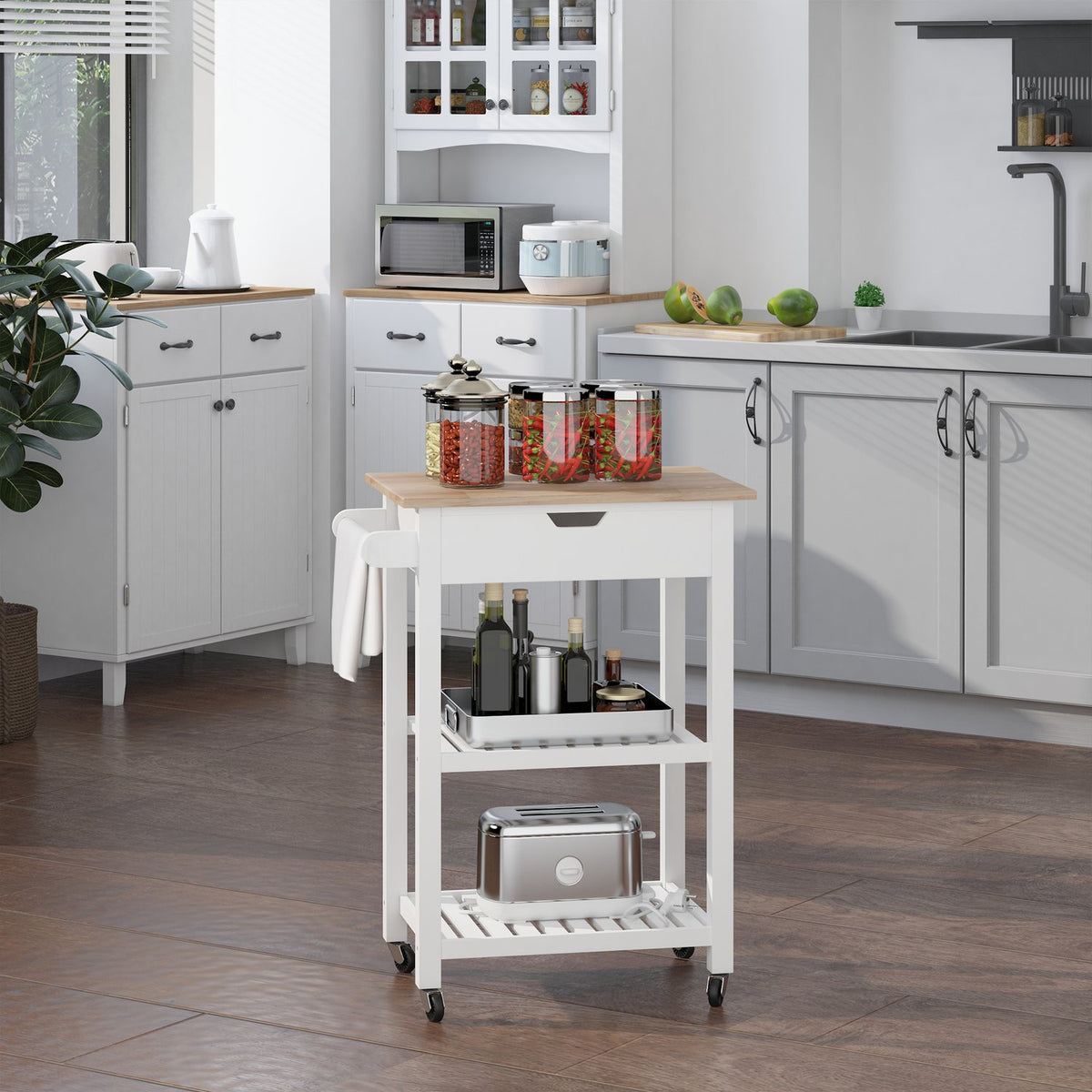 Kitchen Trolley Rollable Serving Trolley With Drawer, Wood, White, 64X39X84.5Cm