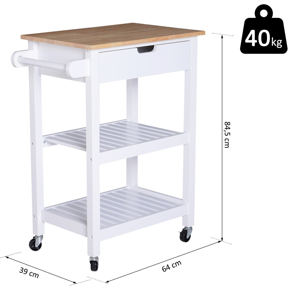 Kitchen Trolley Rollable Serving Trolley With Drawer, Wood, White, 64X39X84.5Cm