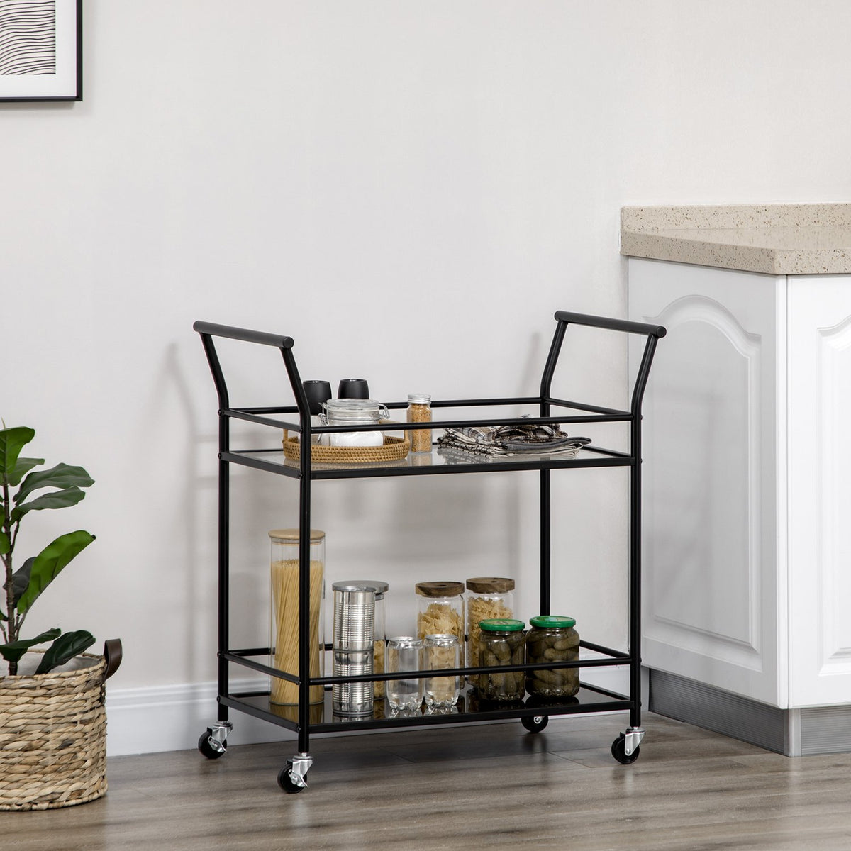 Kitchen Trolley, Rolling Trolley, Serving Trolley With 2 Shelves, Trolley, Side Trolley On Wheels, Metal Storage Trolley, Black, 75 X 40 X 80 Cm