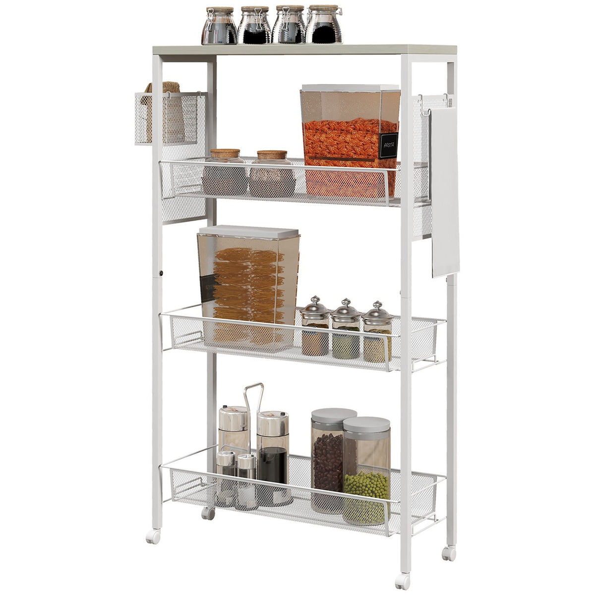 Kitchen Trolley Serving Trolley With 3 Levels, Basket, Worktop, Hooks, Steel, 58X18.5X87 Cm, White