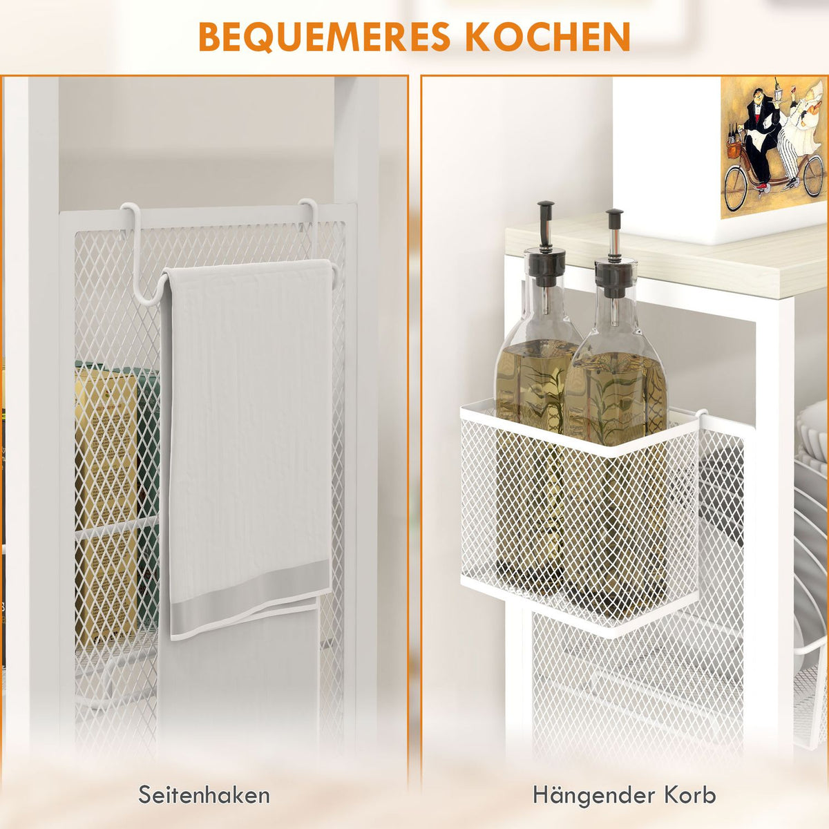 Kitchen Trolley Serving Trolley With 3 Levels, Basket, Worktop, Hooks, Steel, 58X18.5X87 Cm, White