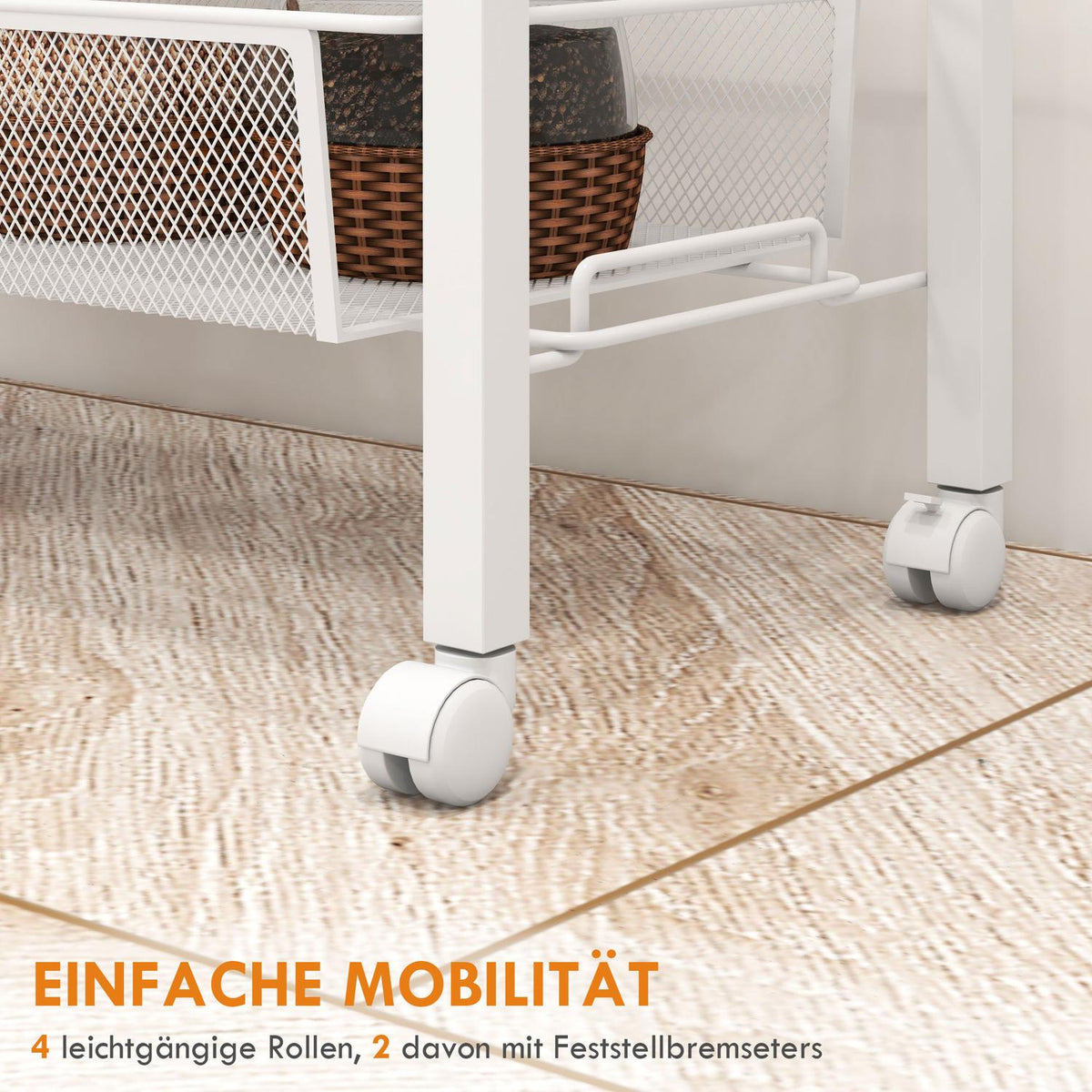 Kitchen Trolley Serving Trolley With 3 Levels, Basket, Worktop, Hooks, Steel, 58X18.5X87 Cm, White