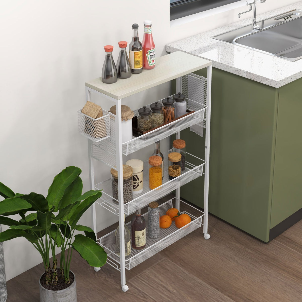 Kitchen Trolley Serving Trolley With 3 Levels, Basket, Worktop, Hooks, Steel, 58X18.5X87 Cm, White