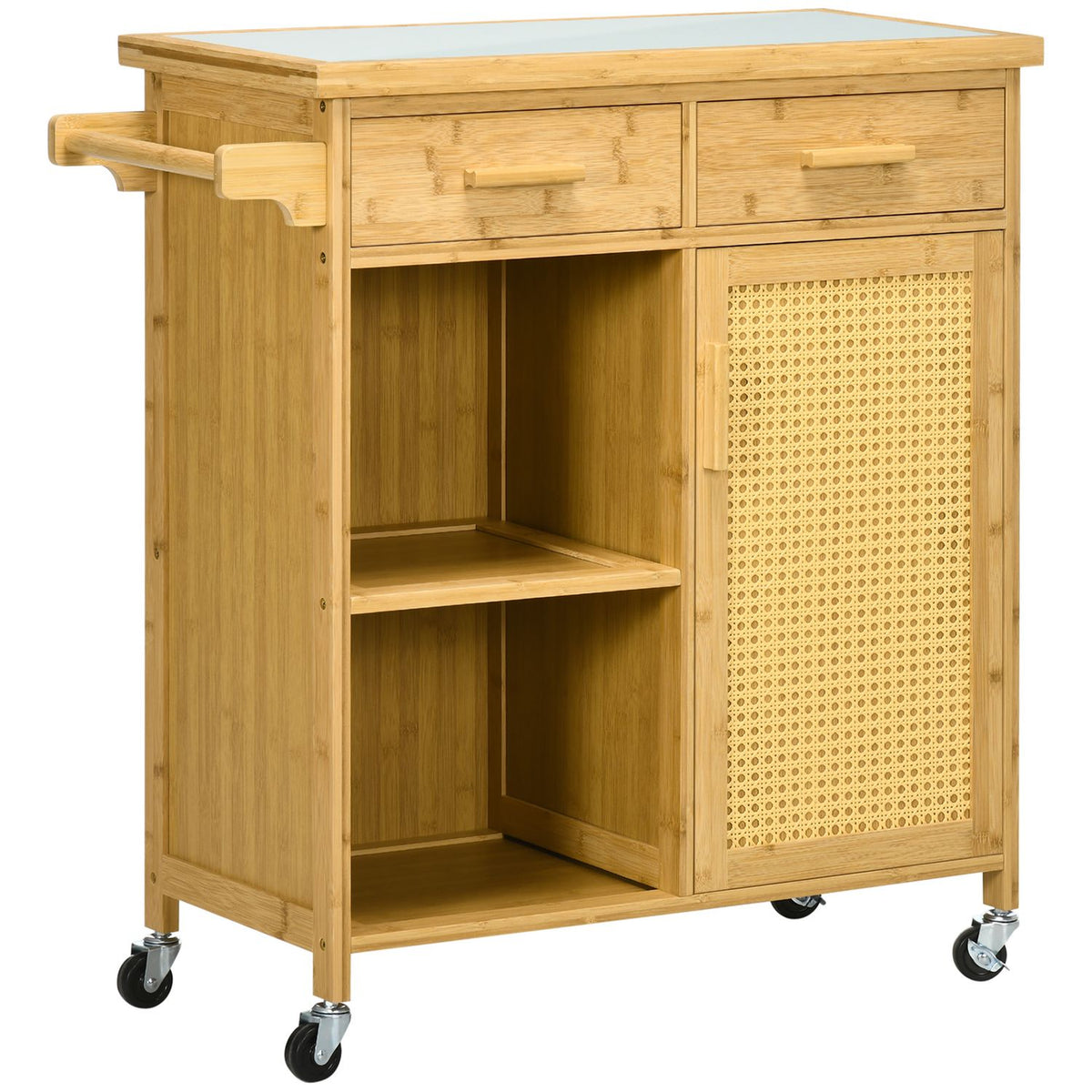 Kitchen Trolley Serving Trolley With Drawer, Cabinet, Open Shelves, Towel Rack, Worktop, Bamboo, Natural