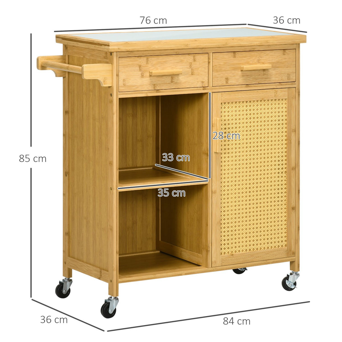 Kitchen Trolley Serving Trolley With Drawer, Cabinet, Open Shelves, Towel Rack, Worktop, Bamboo, Natural