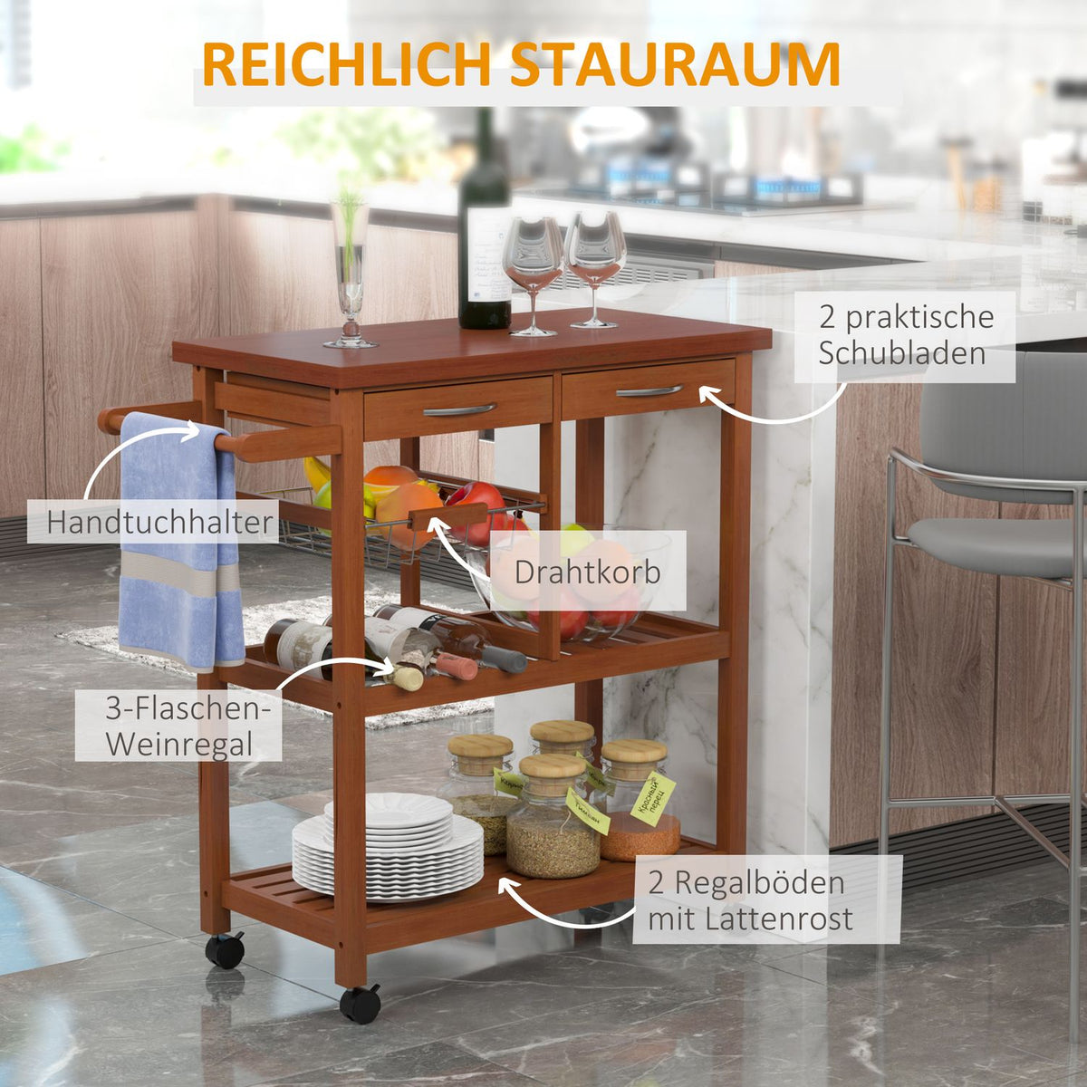 Kitchen Trolley, Serving Trolley With Shelf, Basket, Wine Bottle Holder, Wood, 85X37X85Cm, Versatile