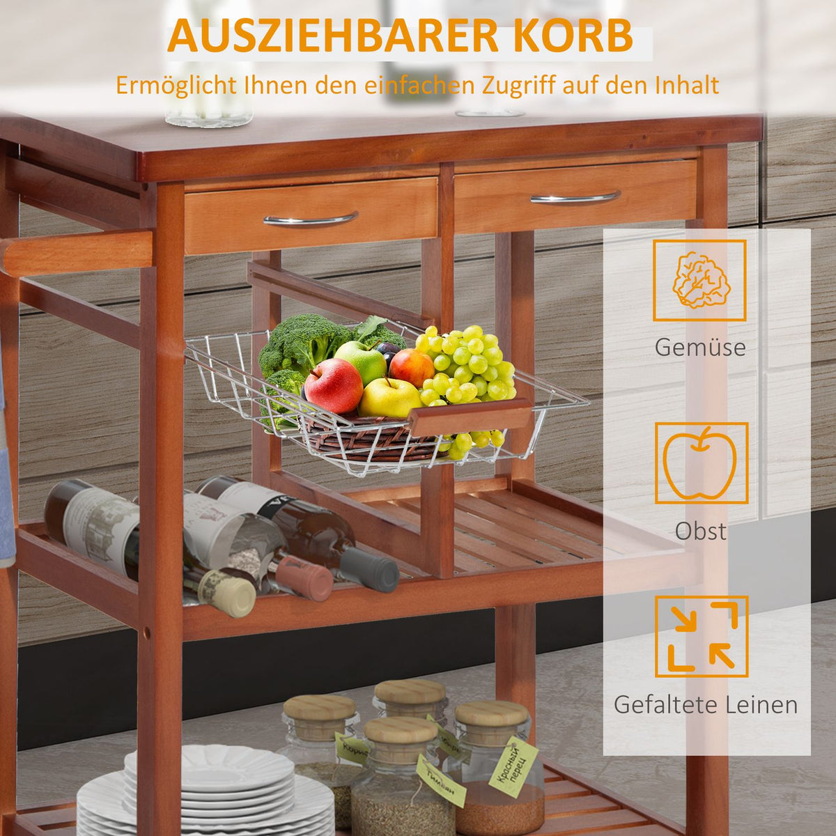 Kitchen Trolley, Serving Trolley With Shelf, Basket, Wine Bottle Holder, Wood, 85X37X85Cm, Versatile