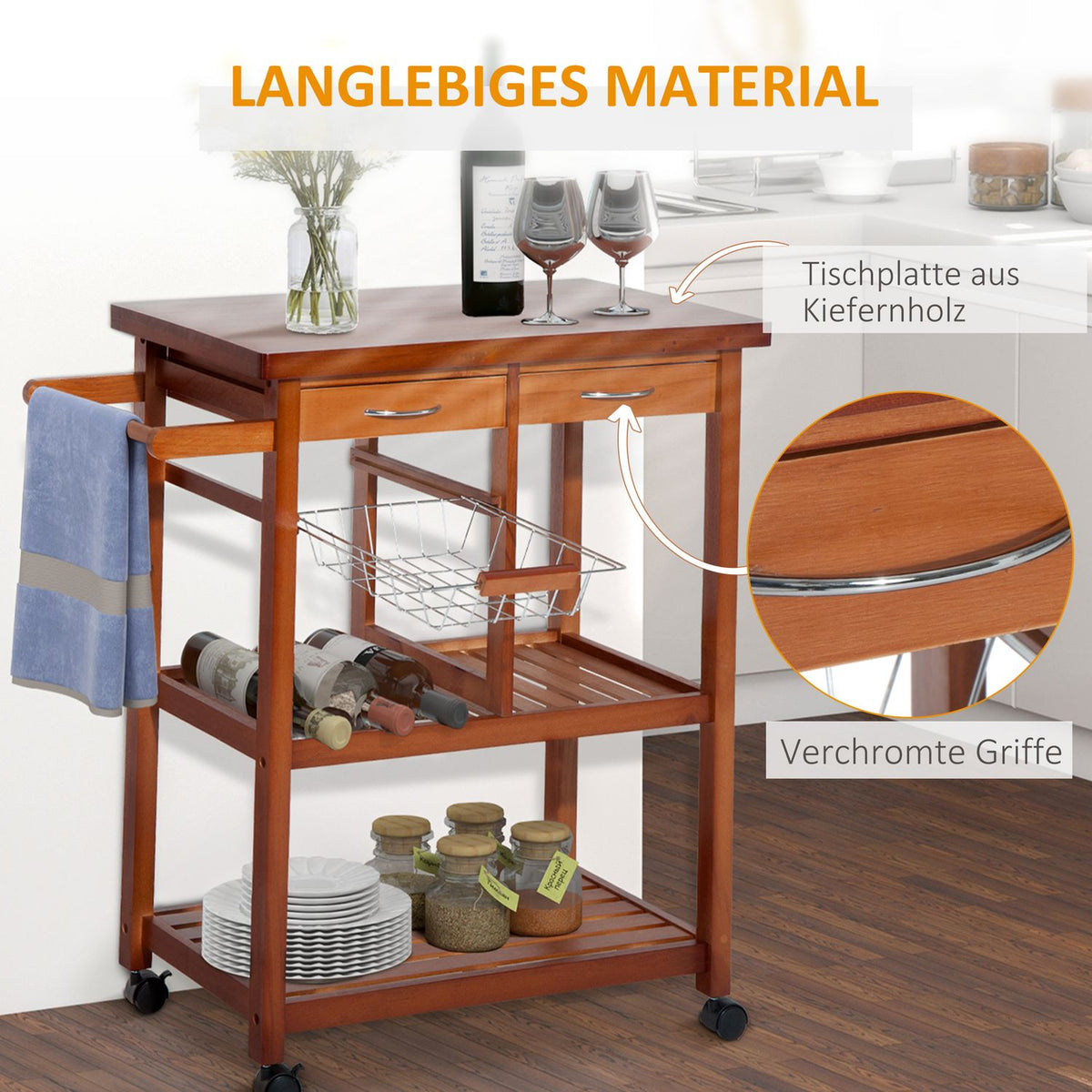 Kitchen Trolley, Serving Trolley With Shelf, Basket, Wine Bottle Holder, Wood, 85X37X85Cm, Versatile