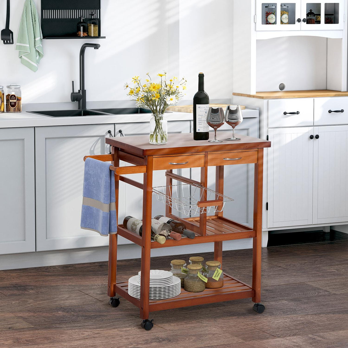 Kitchen Trolley, Serving Trolley With Shelf, Basket, Wine Bottle Holder, Wood, 85X37X85Cm, Versatile
