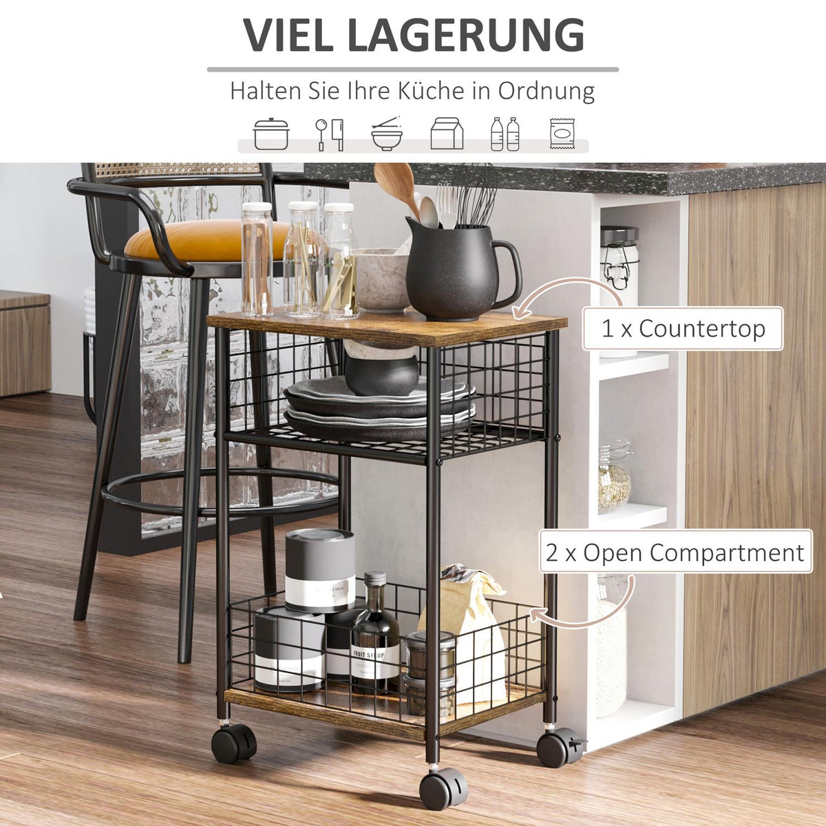Kitchen Trolley, Serving Trolley With Worktop, 2 Storage Baskets, 360° Swivel Castors, Rustic Brown, 40X30X62 Cm