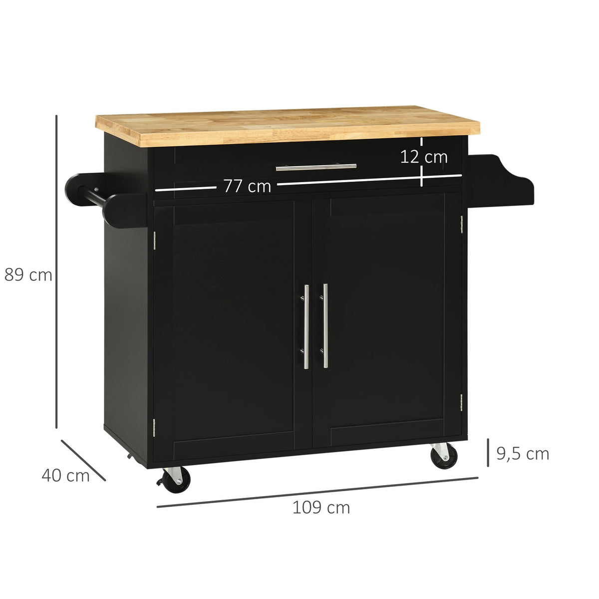 Kitchen Trolley Serving Trolley With Worktop Kitchen Trolley With Spice Rack, Towel Holder For Living Room Dining Room Black 109 X 40 X 89 Cm
