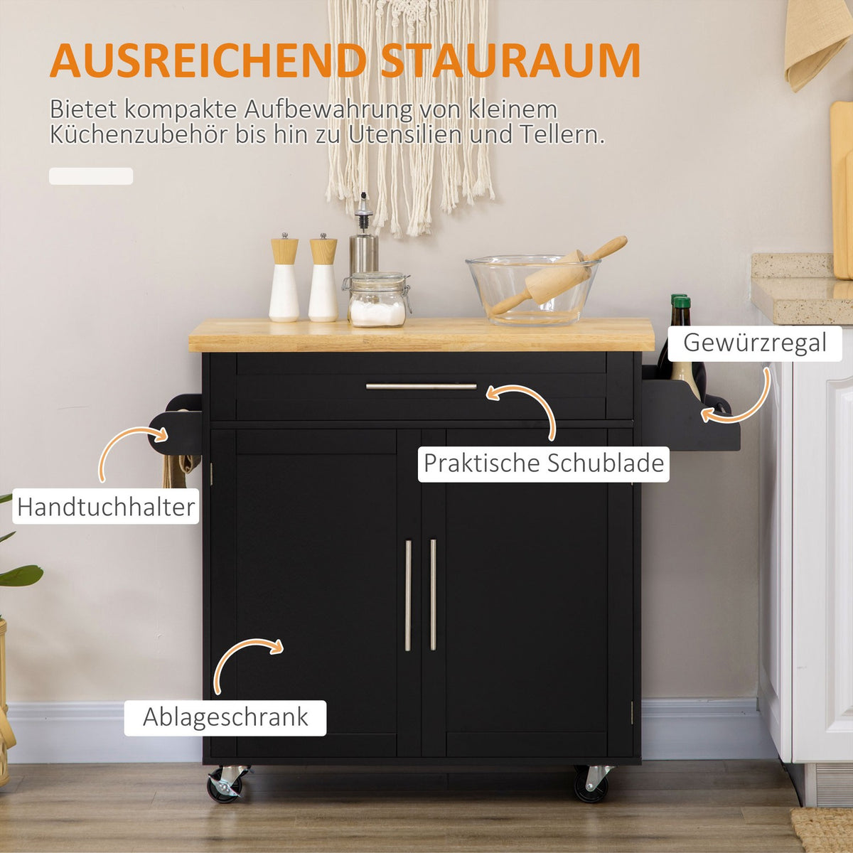 Kitchen Trolley Serving Trolley With Worktop Kitchen Trolley With Spice Rack, Towel Holder For Living Room Dining Room Black 109 X 40 X 89 Cm