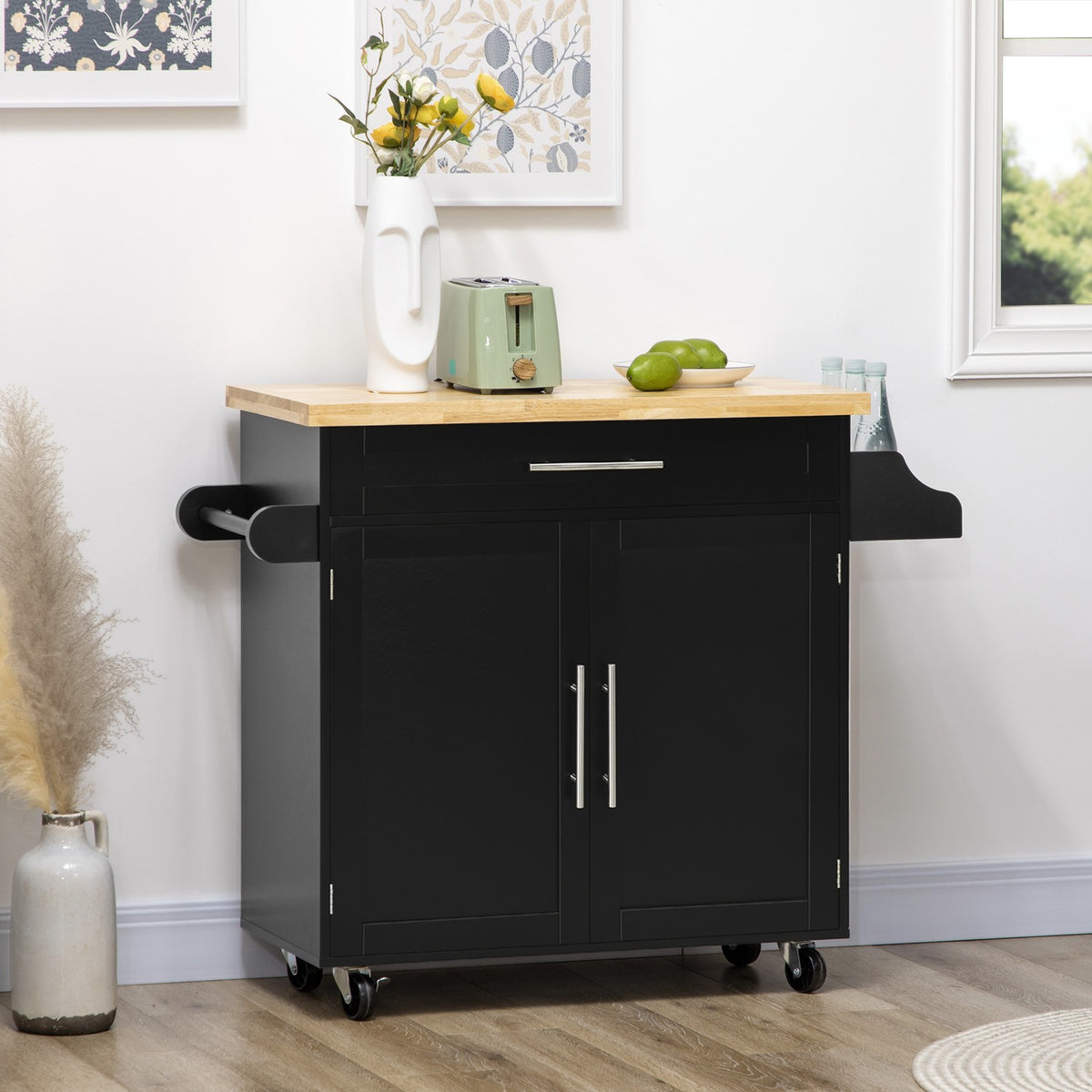 Kitchen Trolley Serving Trolley With Worktop Kitchen Trolley With Spice Rack, Towel Holder For Living Room Dining Room Black 109 X 40 X 89 Cm