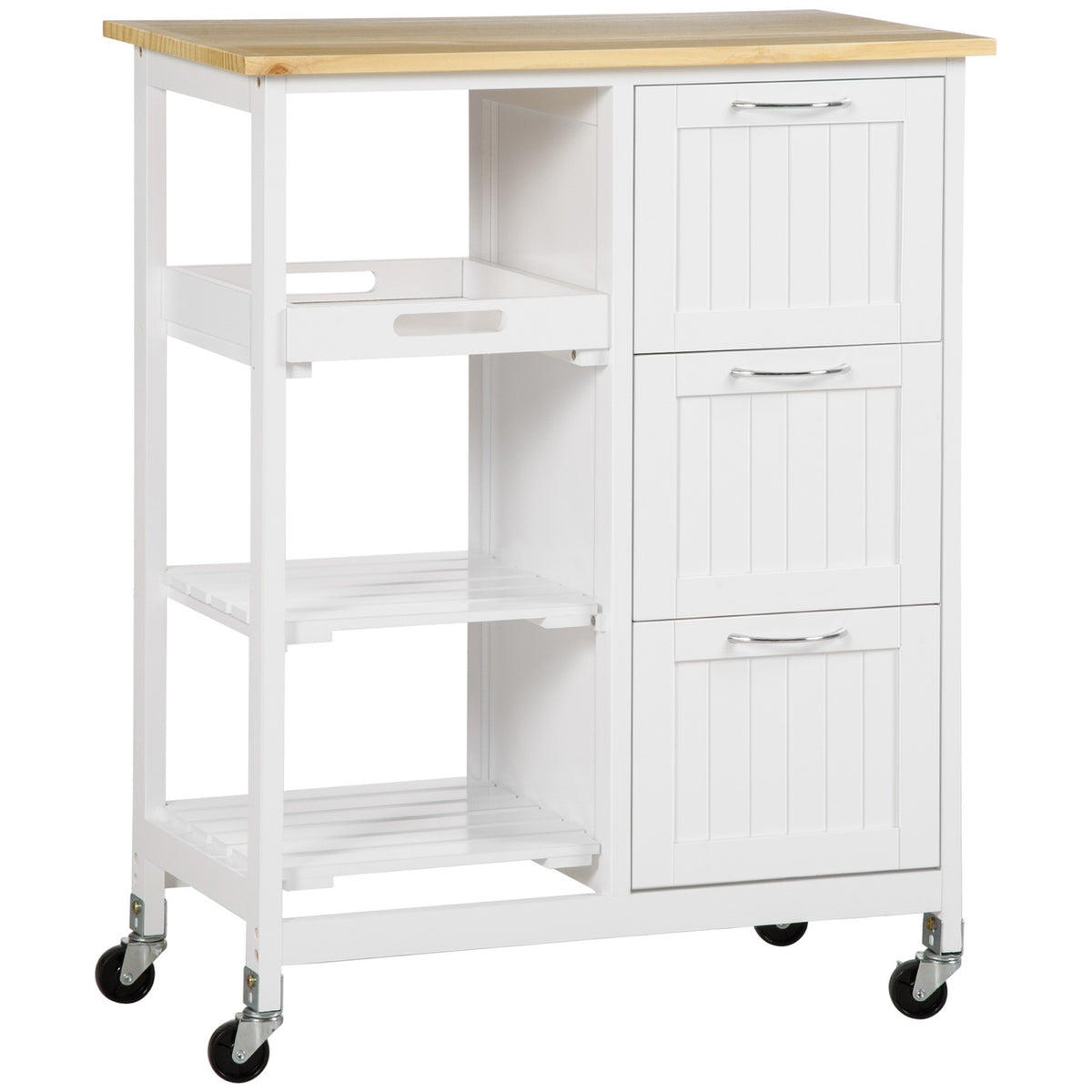 Kitchen Trolley, Serving Trolley with 3 Drawers, 3 Tier, Worktop, Kitchen Trolley, Storage Trolley, White, 67 x 37 x 85 cm