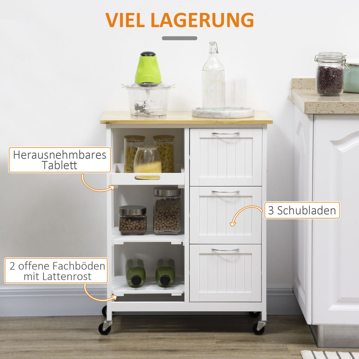 Kitchen Trolley, Serving Trolley with 3 Drawers, 3 Tier, Worktop, Kitchen Trolley, Storage Trolley, White, 67 x 37 x 85 cm