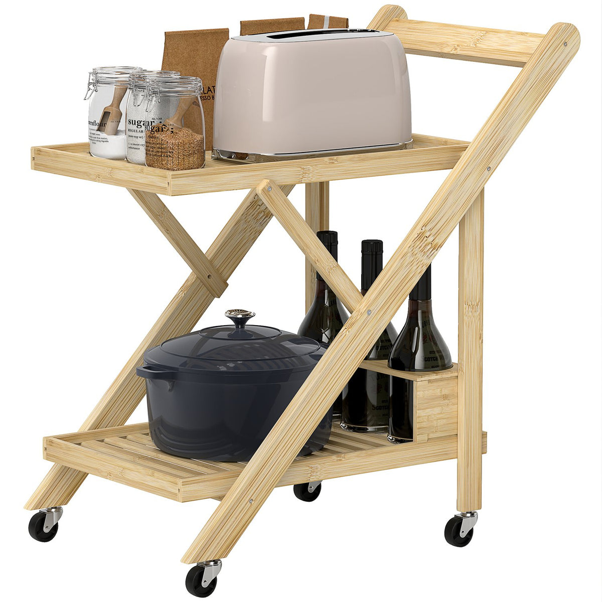 Kitchen Trolley Serving Trolley with Wine Rack Worktop 2 Tier Trolley for Office Kitchen Living Room 66 x 40 x 70 cm Bamboo Natural