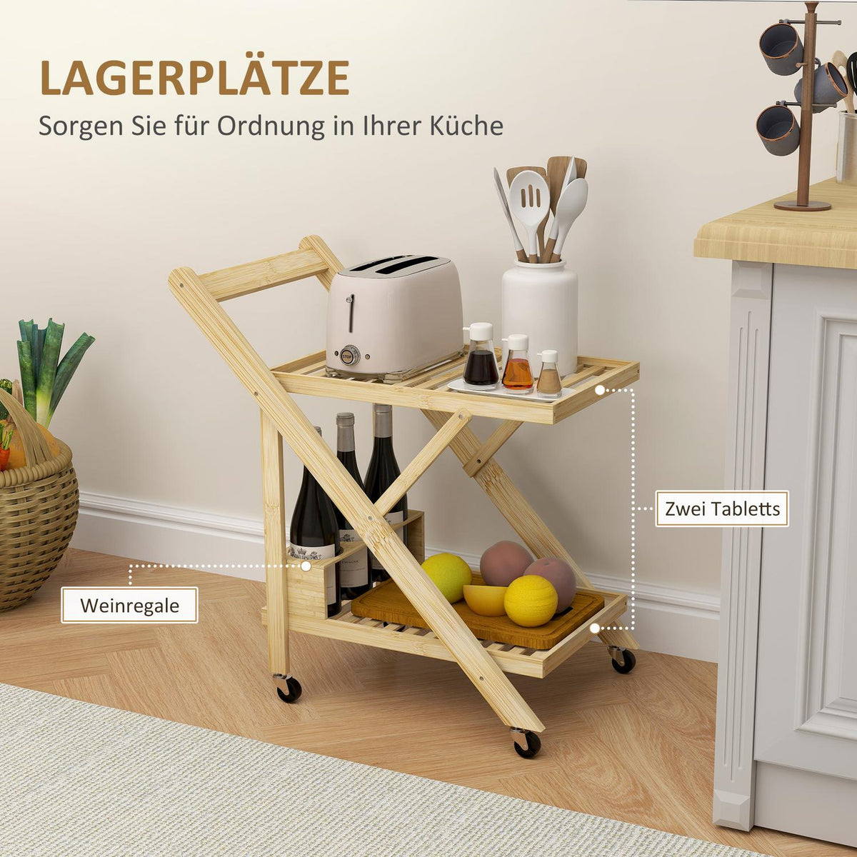Kitchen Trolley Serving Trolley with Wine Rack Worktop 2 Tier Trolley for Office Kitchen Living Room 66 x 40 x 70 cm Bamboo Natural