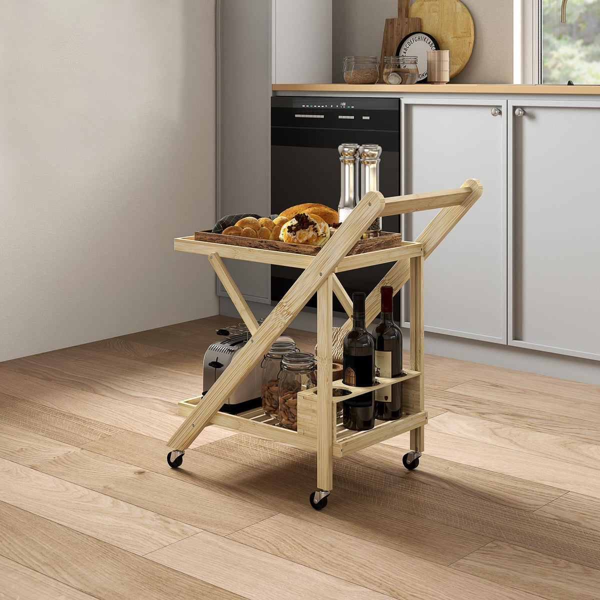 Kitchen Trolley Serving Trolley with Wine Rack Worktop 2 Tier Trolley for Office Kitchen Living Room 66 x 40 x 70 cm Bamboo Natural