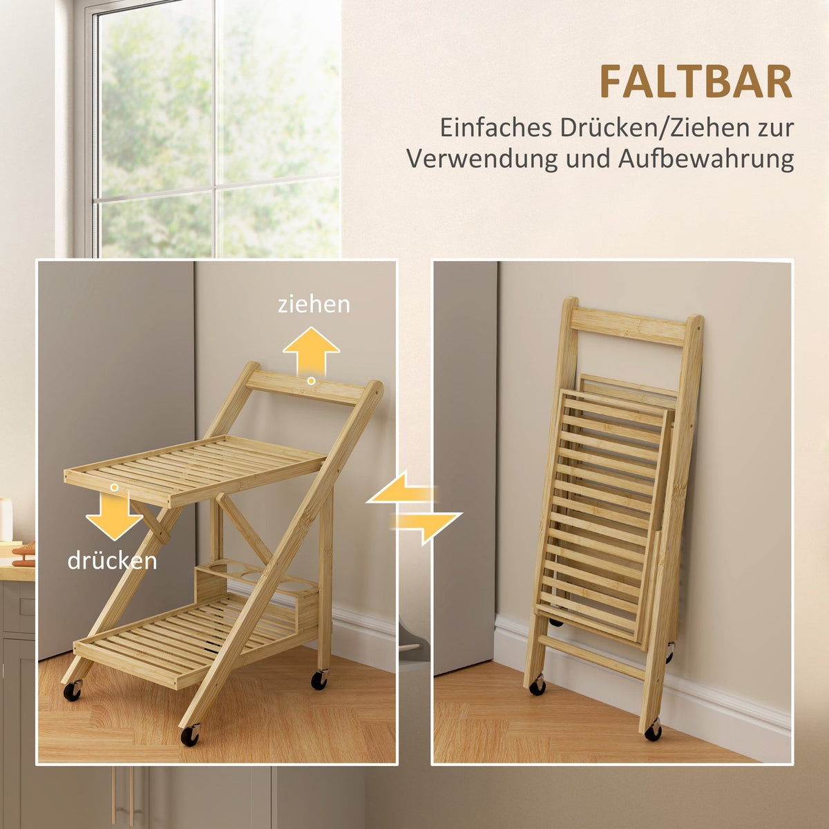 Kitchen Trolley Serving Trolley with Wine Rack Worktop 2 Tier Trolley for Office Kitchen Living Room 66 x 40 x 70 cm Bamboo Natural