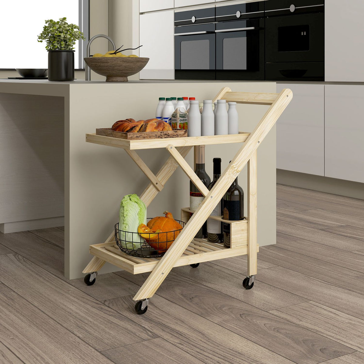 Kitchen Trolley Serving Trolley with Wine Rack Worktop 2 Tier Trolley for Office Kitchen Living Room 66 x 40 x 70 cm Bamboo Natural