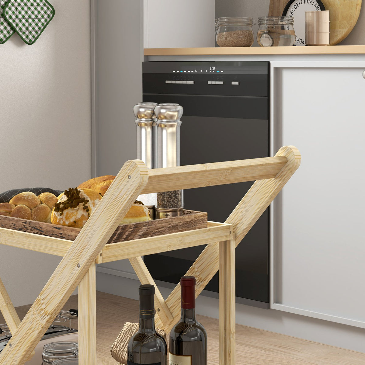 Kitchen Trolley Serving Trolley with Wine Rack Worktop 2 Tier Trolley for Office Kitchen Living Room 66 x 40 x 70 cm Bamboo Natural