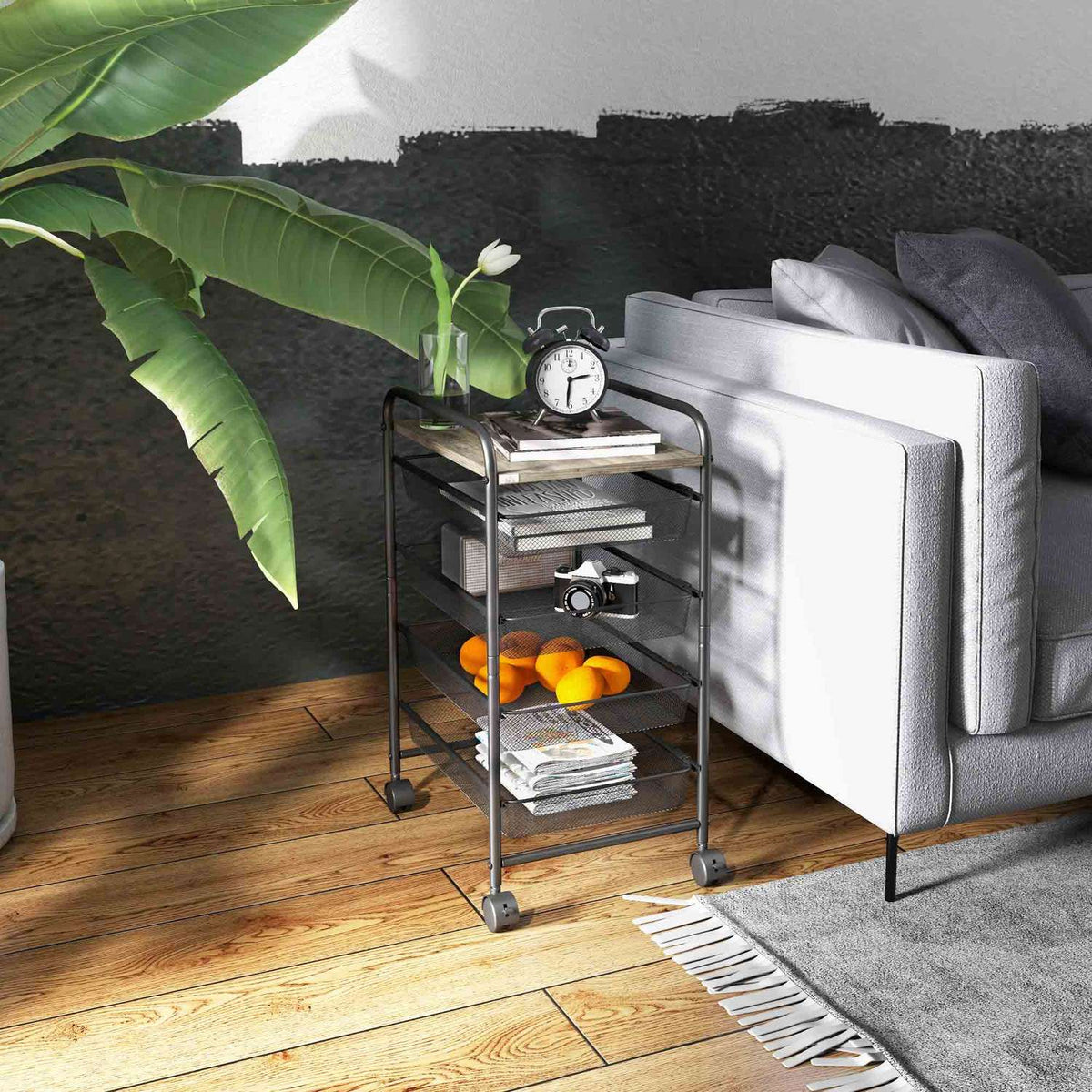 Kitchen Trolley With 4 Baskets, Storage Rack On Wheels, Serving Trolley For Bedroom, Steel, Black, 41.5X31X66Cm
