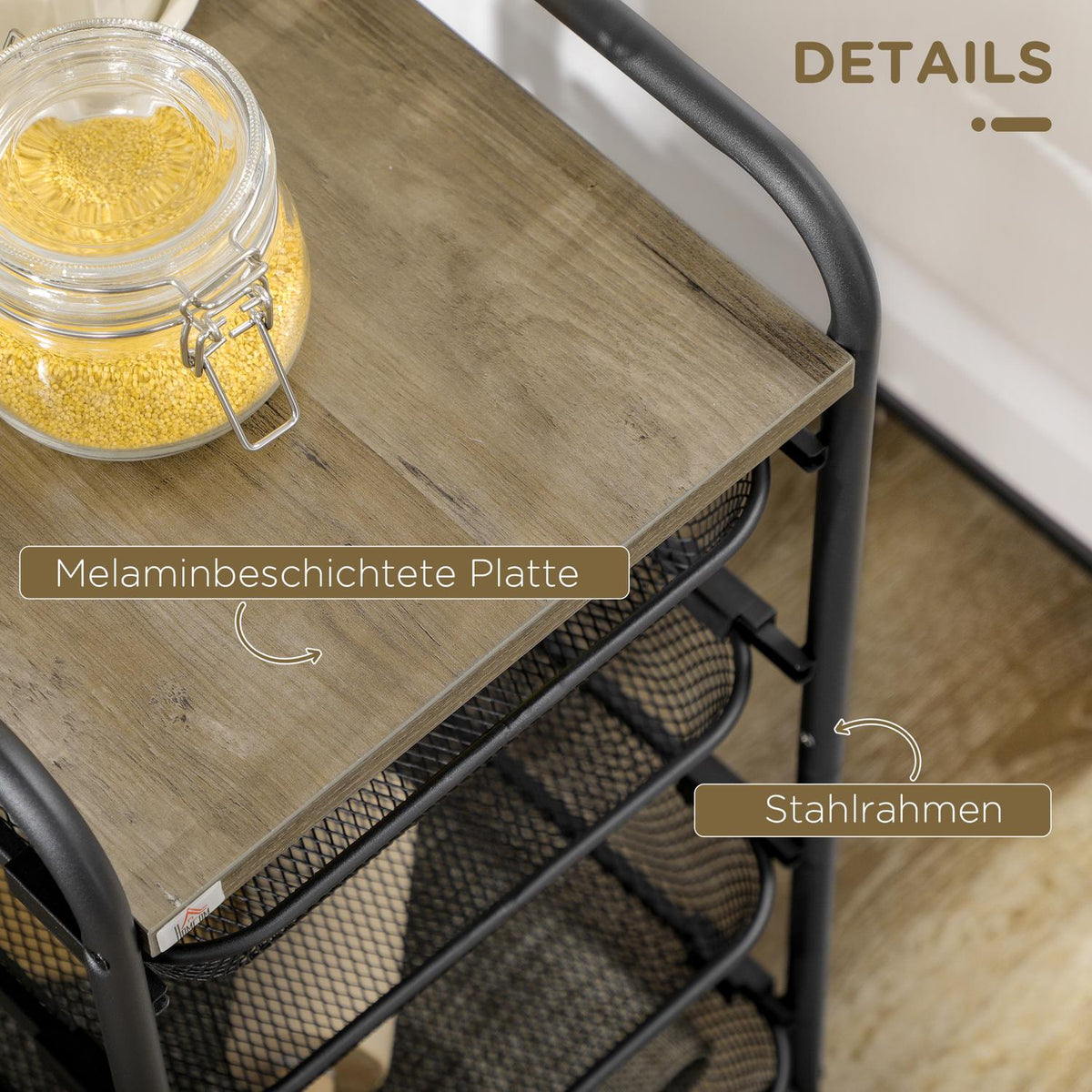 Kitchen Trolley With 4 Baskets, Storage Rack On Wheels, Serving Trolley For Bedroom, Steel, Black, 41.5X31X66Cm