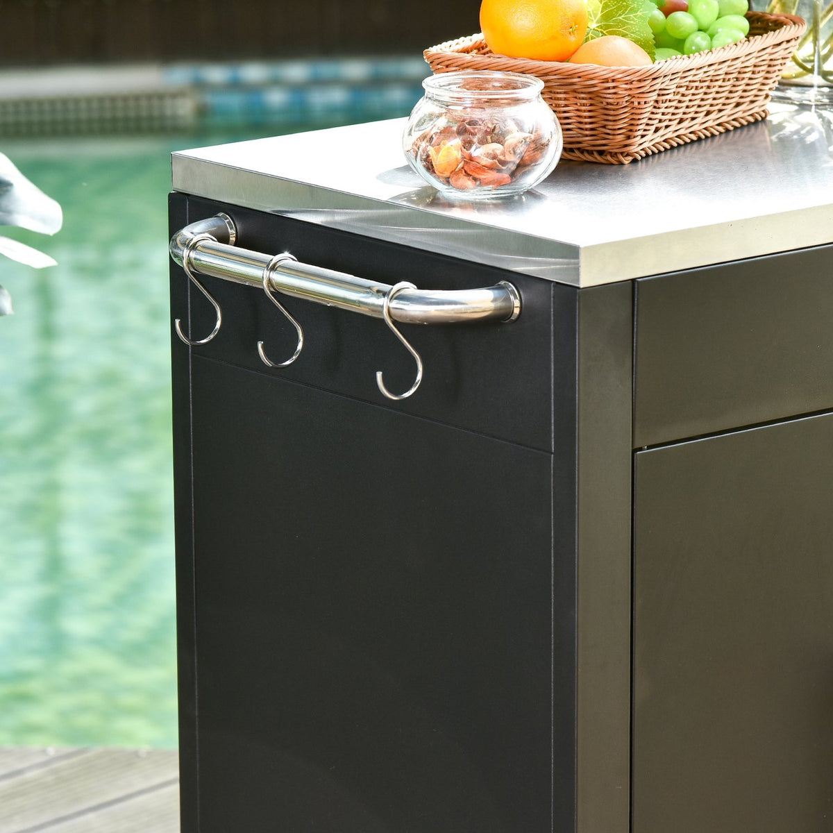 Kitchen Trolley With Wheels, Serving Trolley With Cupboard, Hooks, Stainless Steel Handles, Black, 86X50X86.5Cm