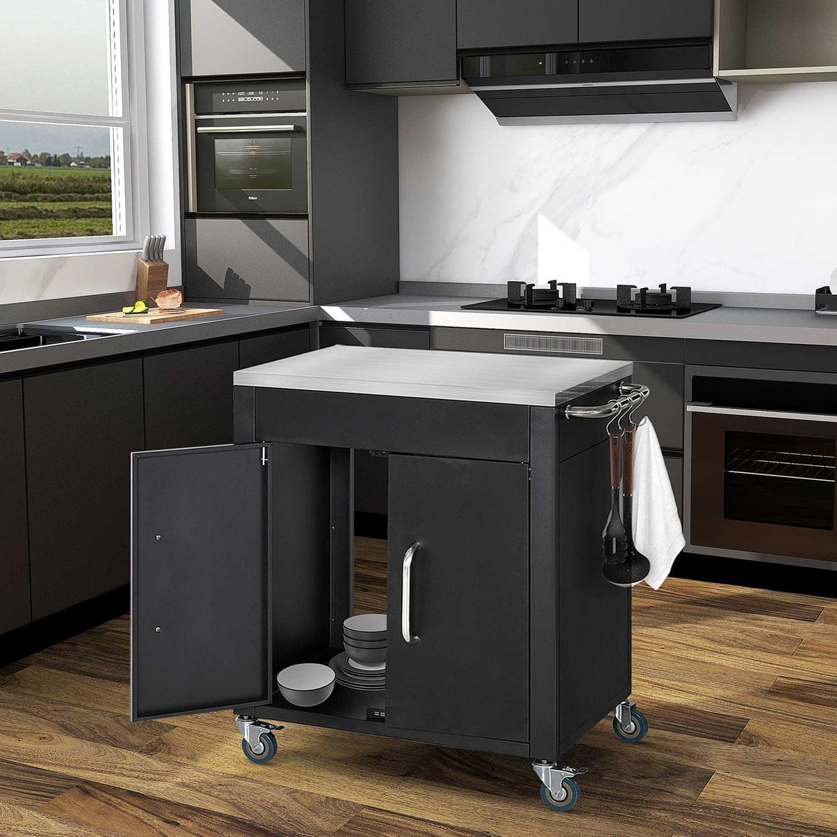 Kitchen Trolley With Wheels, Serving Trolley With Cupboard, Hooks, Stainless Steel Handles, Black, 86X50X86.5Cm