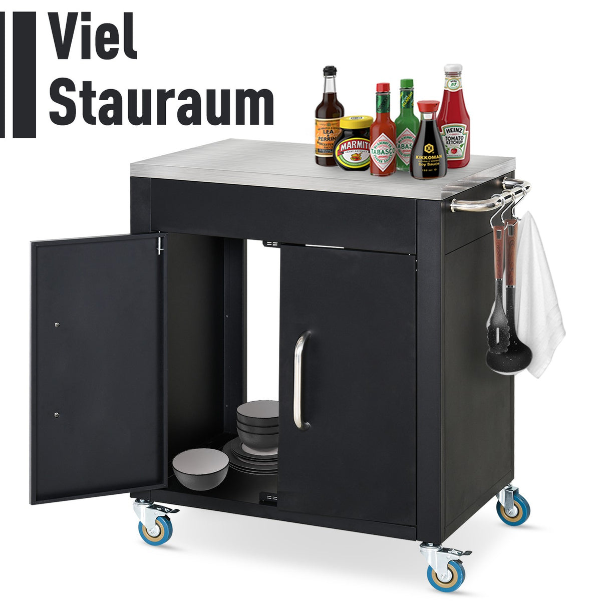 Kitchen Trolley With Wheels, Serving Trolley With Cupboard, Hooks, Stainless Steel Handles, Black, 86X50X86.5Cm