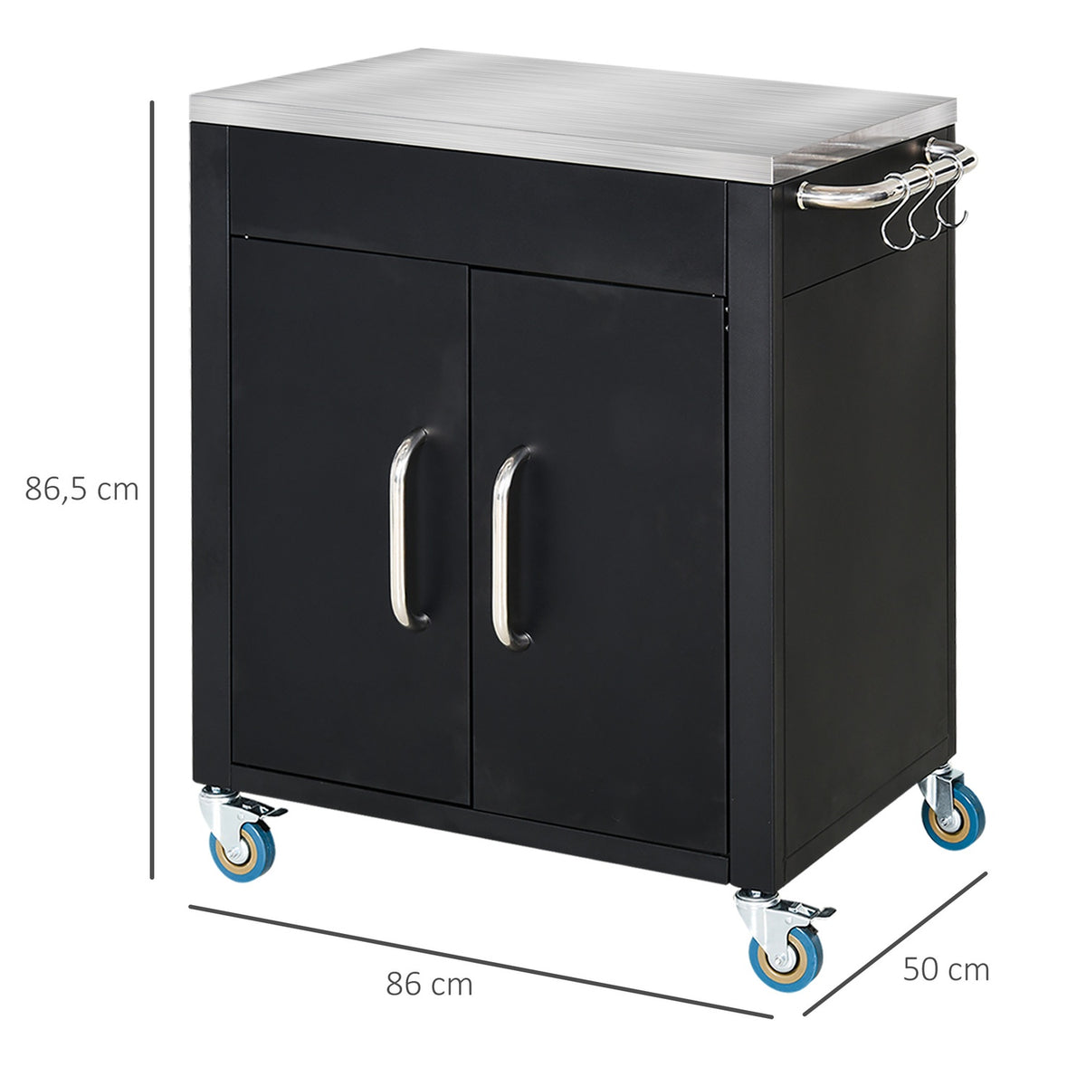 Kitchen Trolley With Wheels, Serving Trolley With Cupboard, Hooks, Stainless Steel Handles, Black, 86X50X86.5Cm