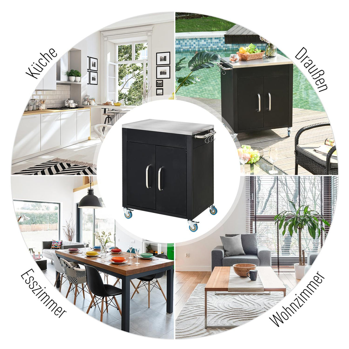 Kitchen Trolley With Wheels, Serving Trolley With Cupboard, Hooks, Stainless Steel Handles, Black, 86X50X86.5Cm