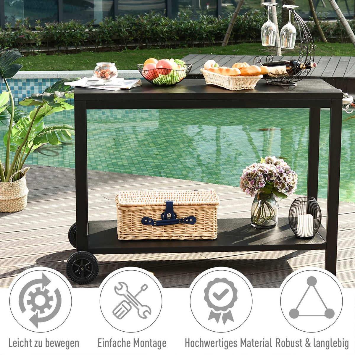 Kitchen Trolley With Wheels, Serving Trolley With Hooks, Stainless Steel Handles, Black, 128X46.5X86.5Cm