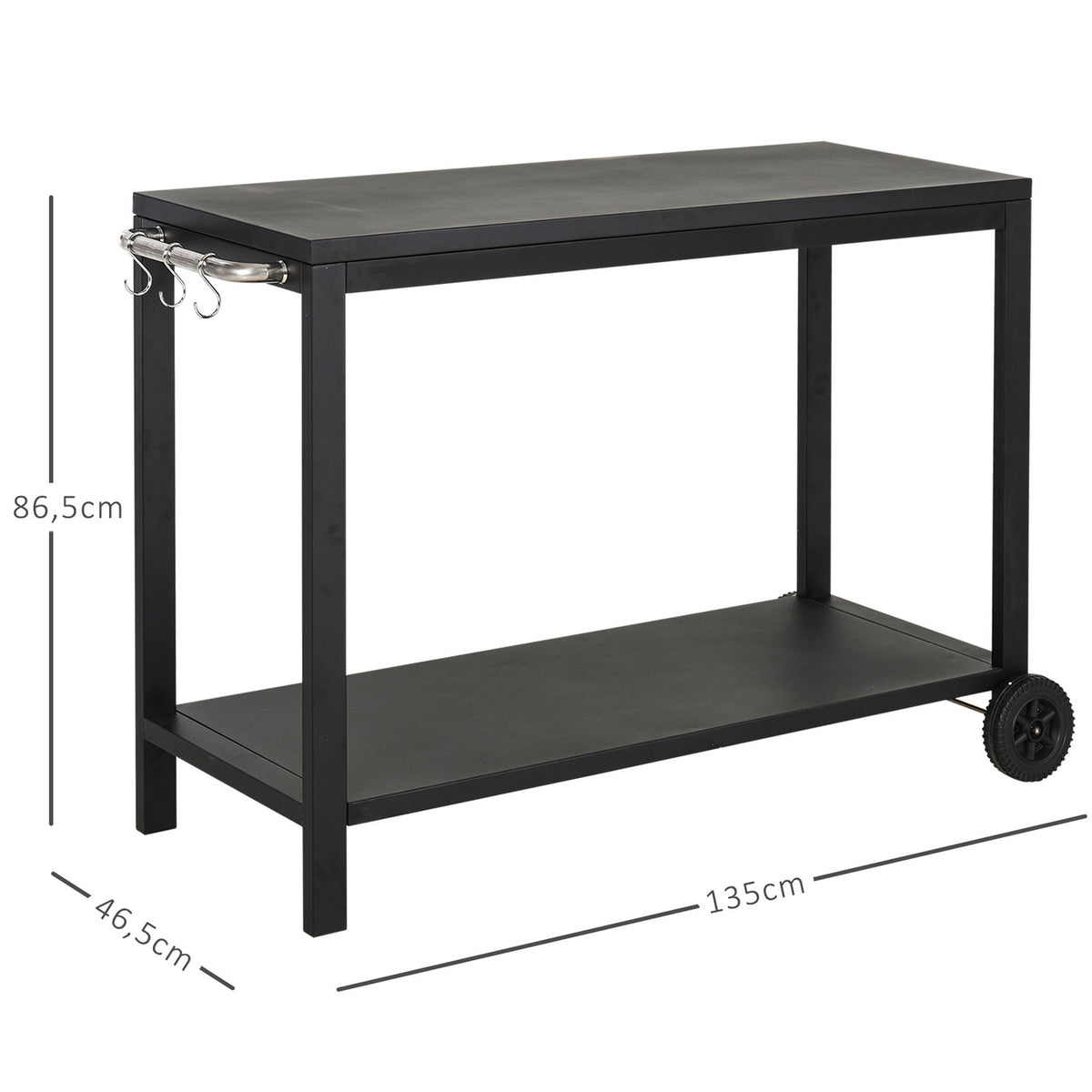 Kitchen Trolley With Wheels, Serving Trolley With Hooks, Stainless Steel Handles, Black, 128X46.5X86.5Cm