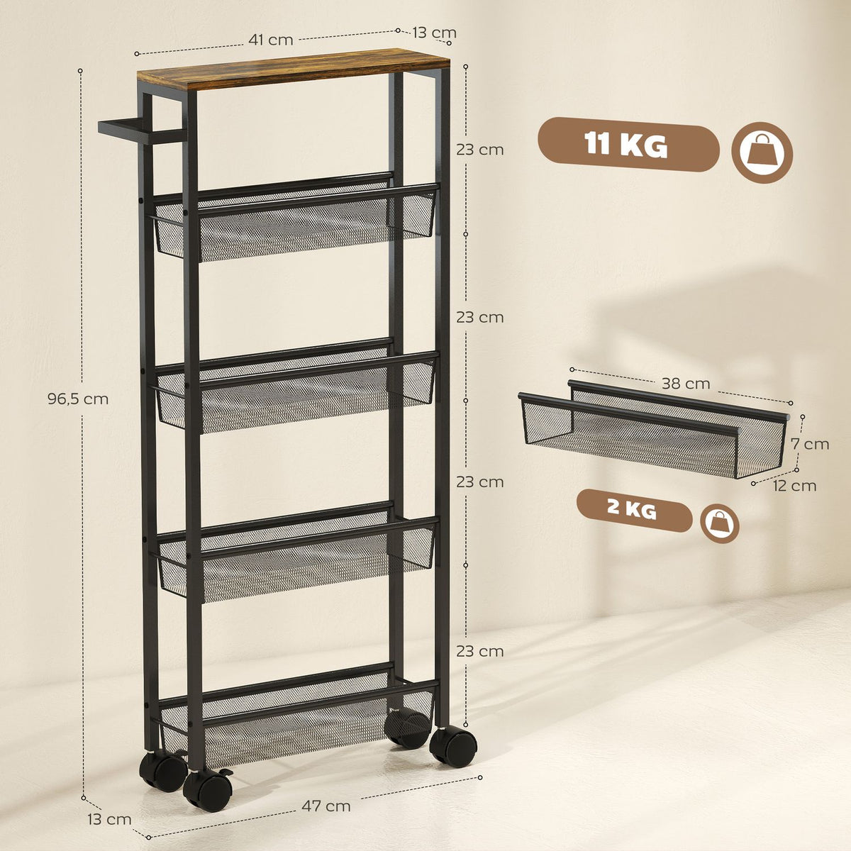 Kitchen Trolley with 5 Shelves, Rolling Cart, Black, 47x13x96.5 cm