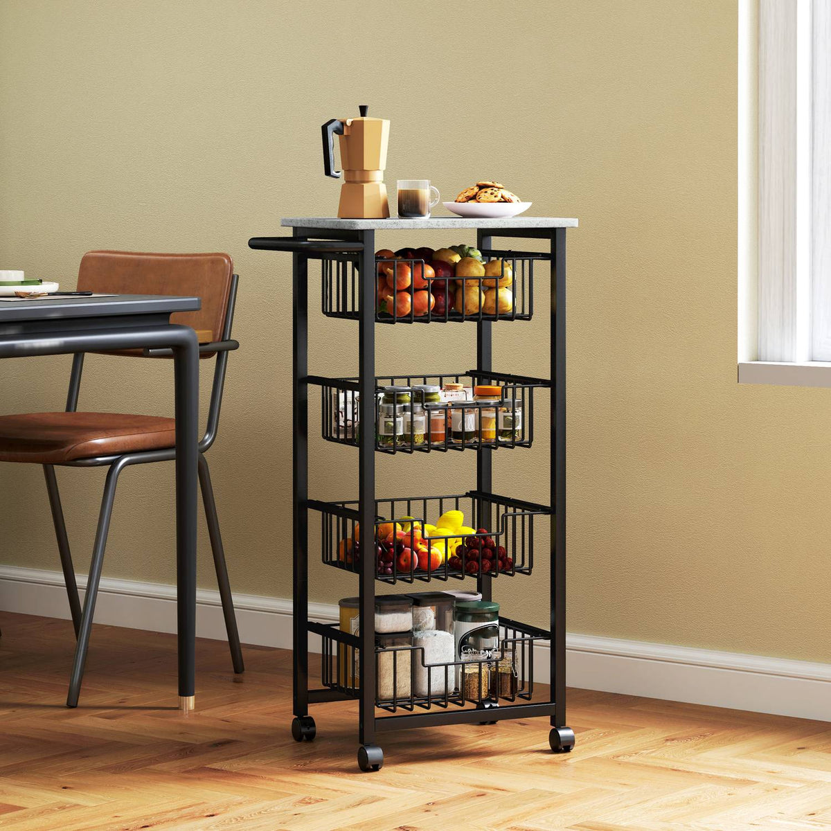 Kitchen Trolley with Wheels, 4 Steel Baskets, MDF Top