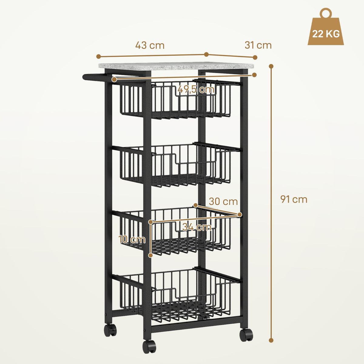 Kitchen Trolley with Wheels, 4 Steel Baskets, MDF Top