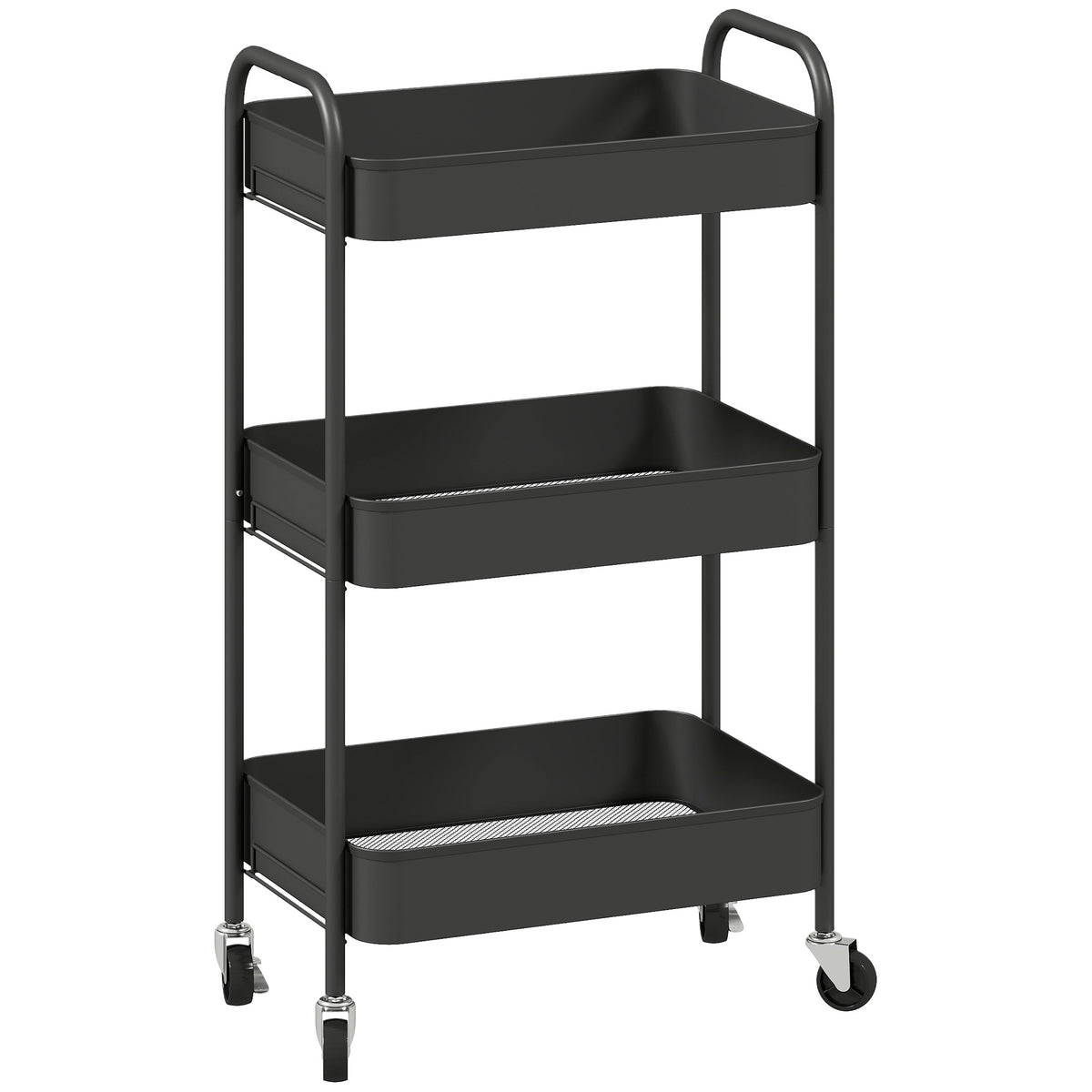 Kitchen Utility Cart, 3 Shelves, 4 Wheels, Black, 45x31x79 cm