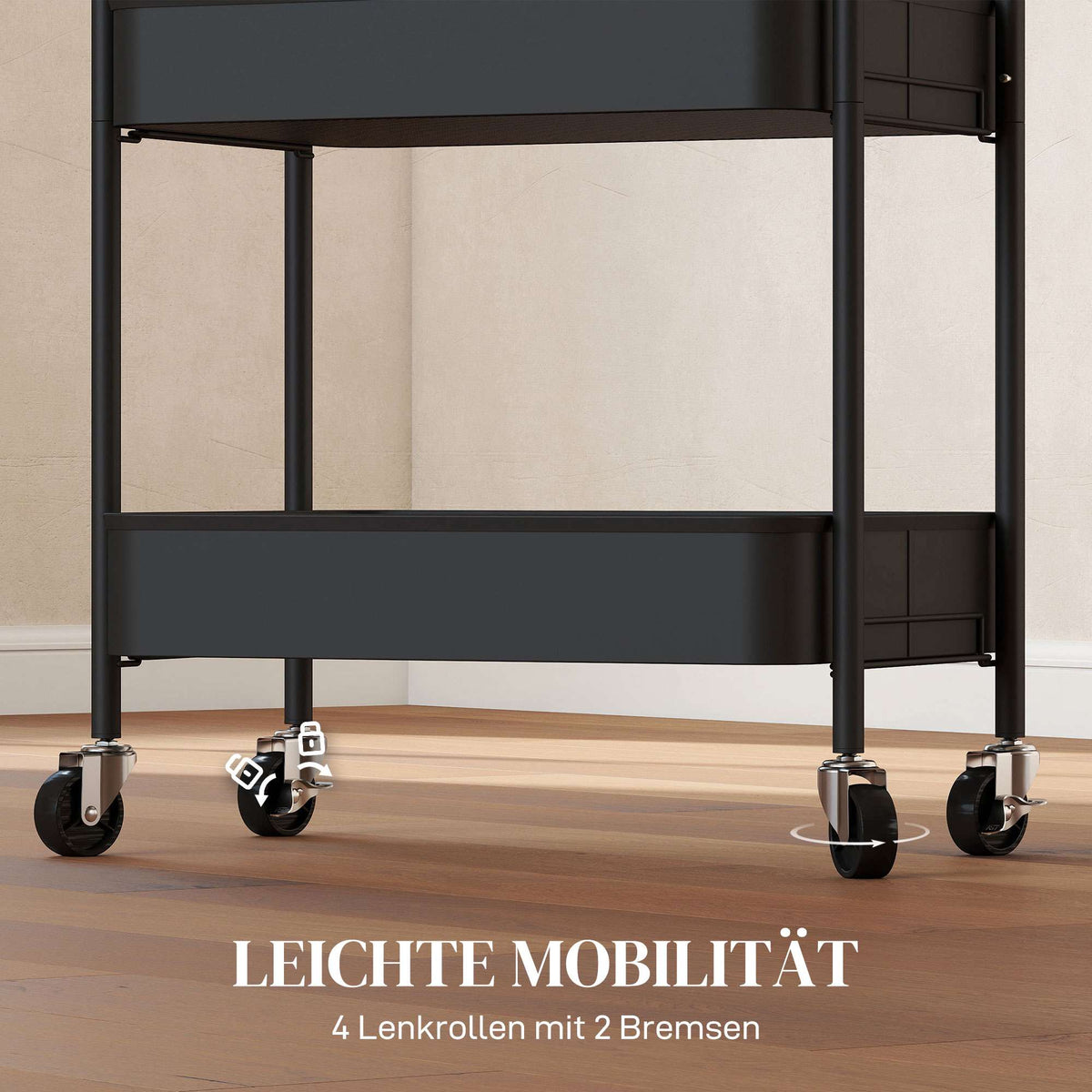 Kitchen Utility Cart, 3 Shelves, 4 Wheels, Black, 45x31x79 cm