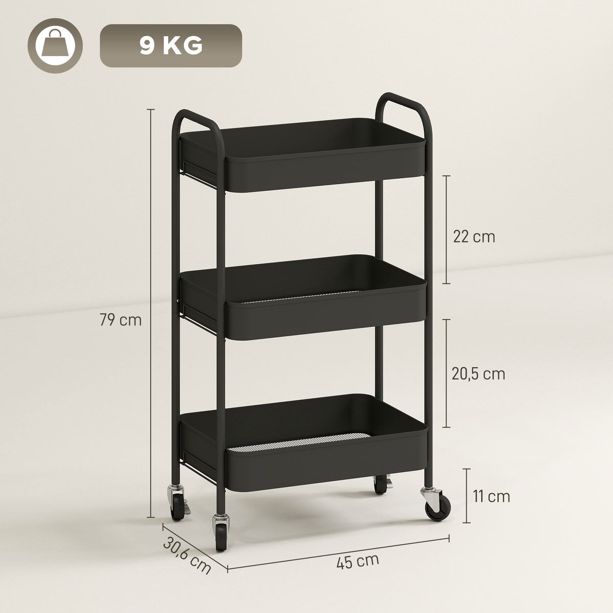 Kitchen Utility Cart, 3 Shelves, 4 Wheels, Black, 45x31x79 cm