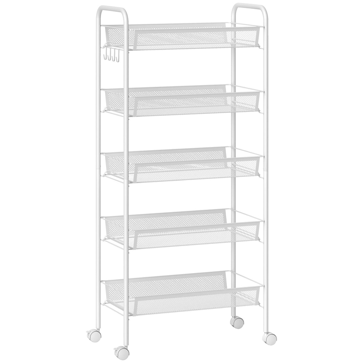 Kitchen Utility Cart, 5-Tier Steel, White, with Wheels