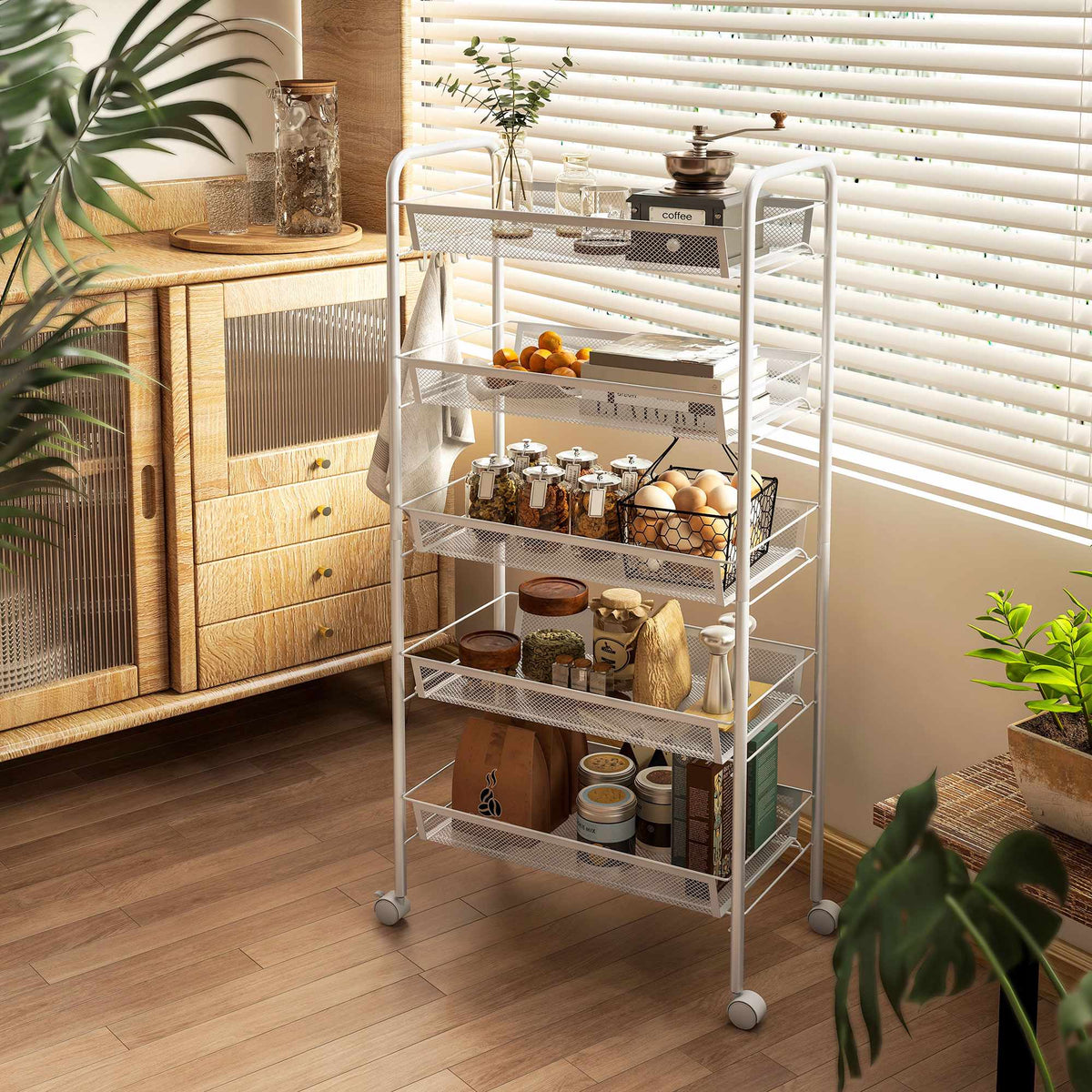 Kitchen Utility Cart, 5-Tier Steel, White, with Wheels