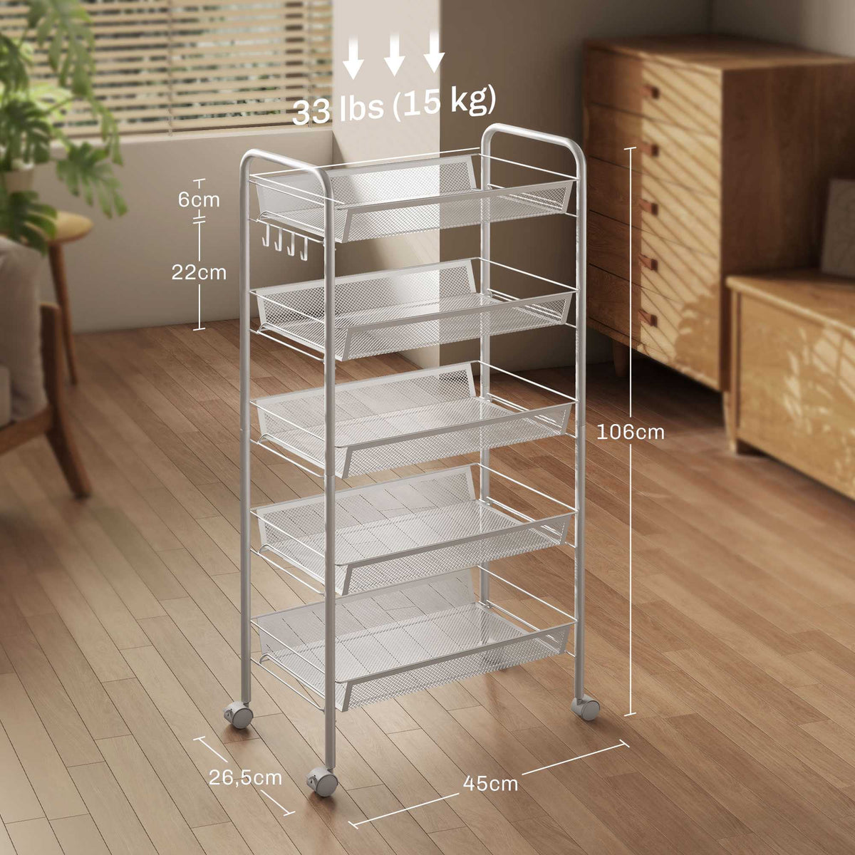 Kitchen Utility Cart, 5-Tier Steel, White, with Wheels