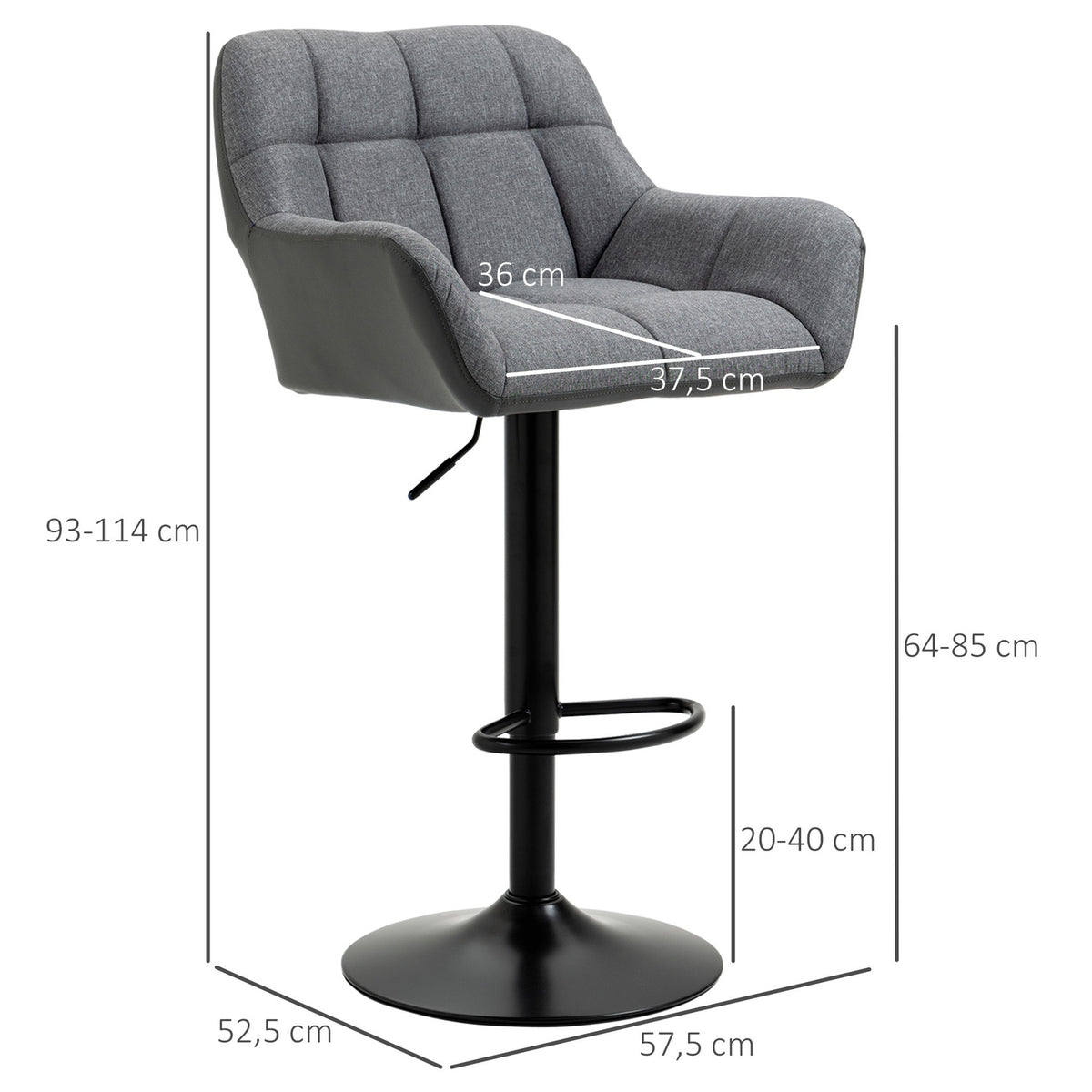 Kitchen bar stool set of 2, height adjustable, 360° rotatable with backrest and footrest, linen look, up to 120 kg, 57.5 x 52.5 x 93-114 cm, gray